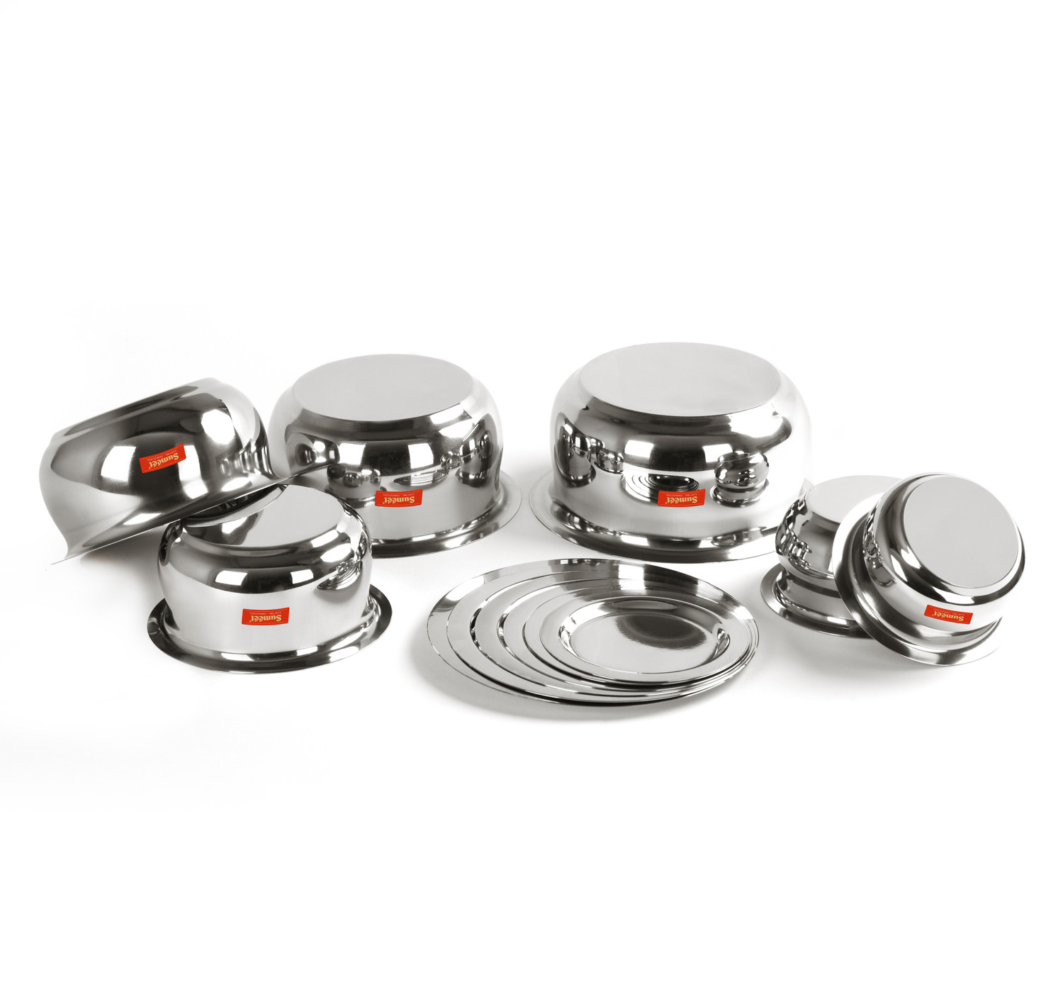 Image of Sumeet Stainless Steel Belly Shape 6 Pc Tope / Cookware / Pot Set with Lid 380ML, 500ML, 780ML, 1.1Ltr, 1.4Ltr, 1.75Ltr (Silver) with Lid 0.38 L, 0.5 L, 0.78 L, 1.1 L, 1.4 L, 1.75 L capacity 12.1 cm, 13.6 cm, 15 cm, 16.5 cm, 17.9 cm, 19.5 cm diameter