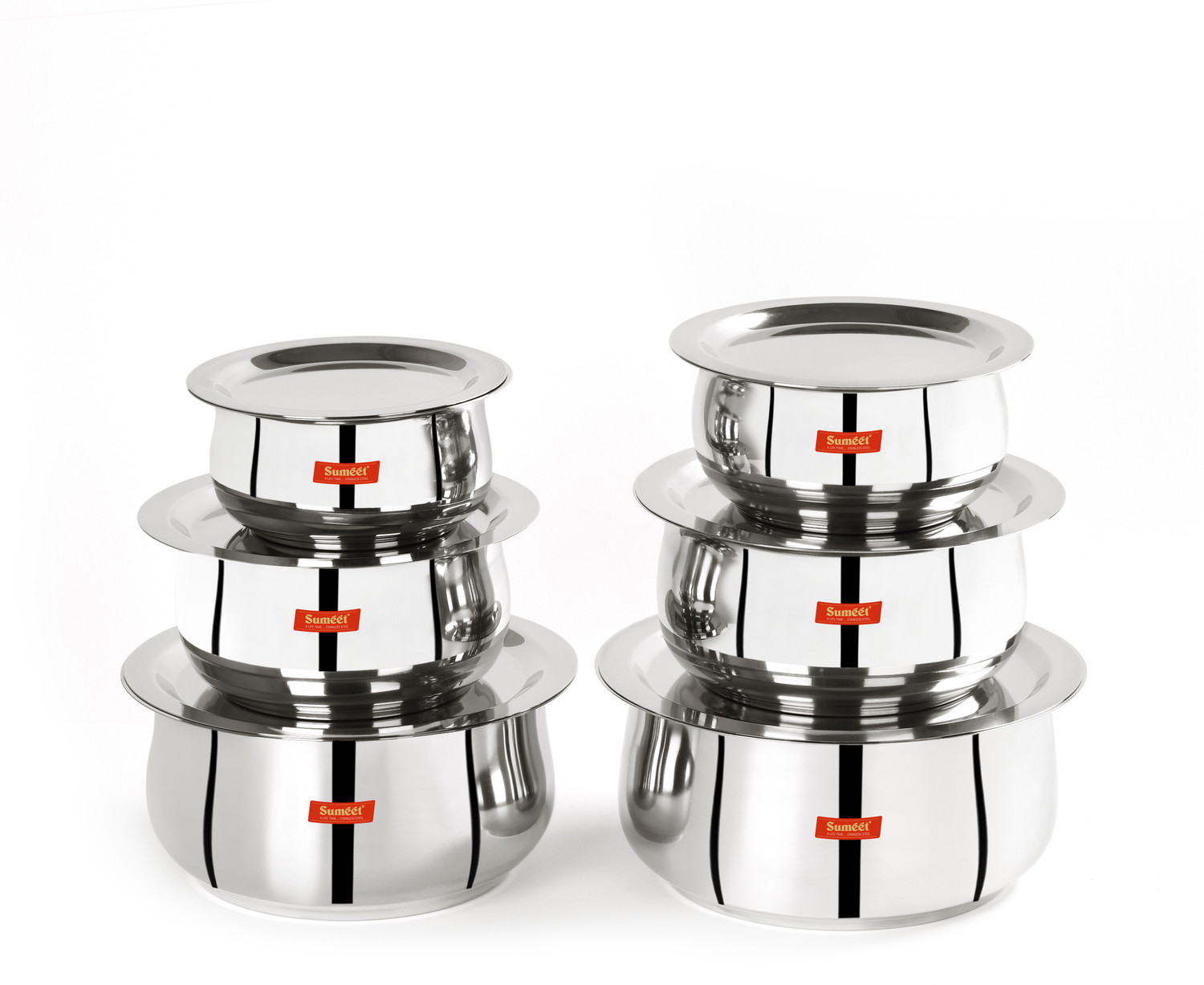 Image of Sumeet Stainless Steel Belly Shape 6 Pc Tope / Cookware / Pot Set with Lid 380ML, 500ML, 780ML, 1.1Ltr, 1.4Ltr, 1.75Ltr (Silver) with Lid 0.38 L, 0.5 L, 0.78 L, 1.1 L, 1.4 L, 1.75 L capacity 12.1 cm, 13.6 cm, 15 cm, 16.5 cm, 17.9 cm, 19.5 cm diameter