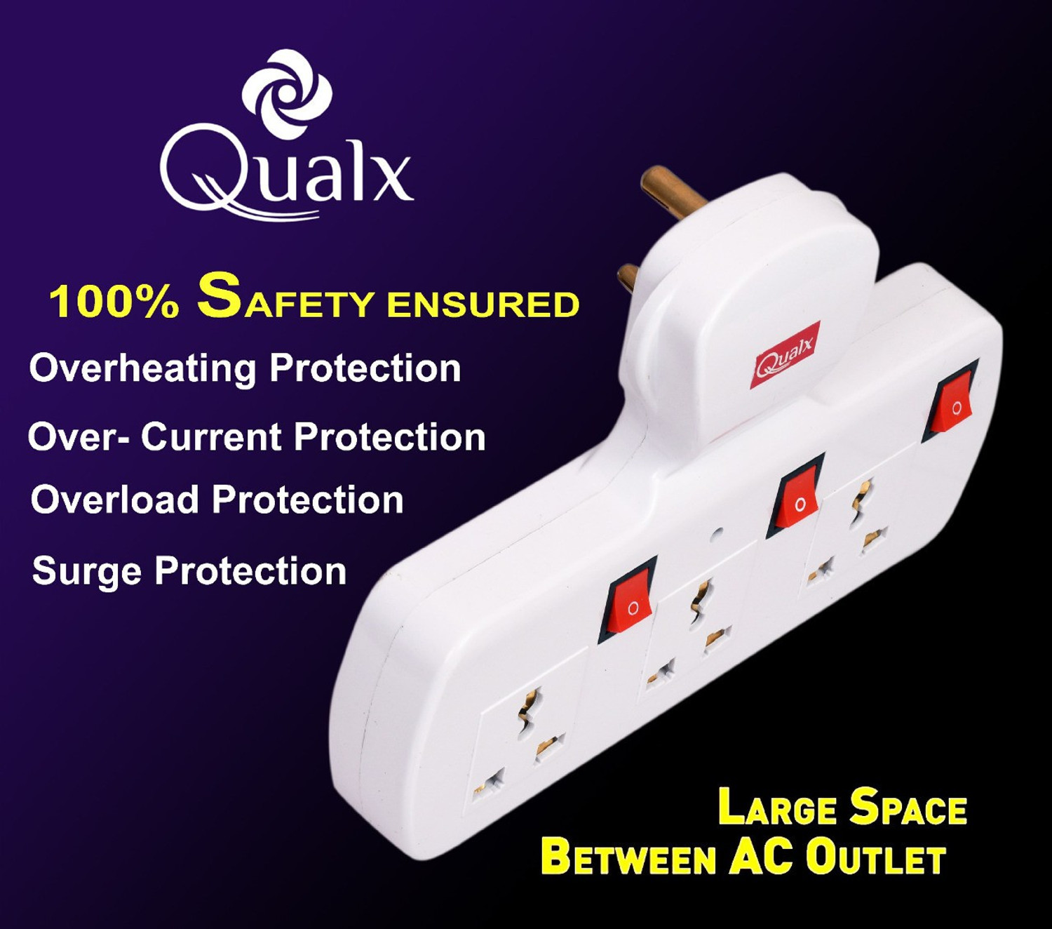Image of QUALX 3 Universal Socket Extension Cord With power OFF /ON Switch 3 Socket 3 Socket Extension Boards
