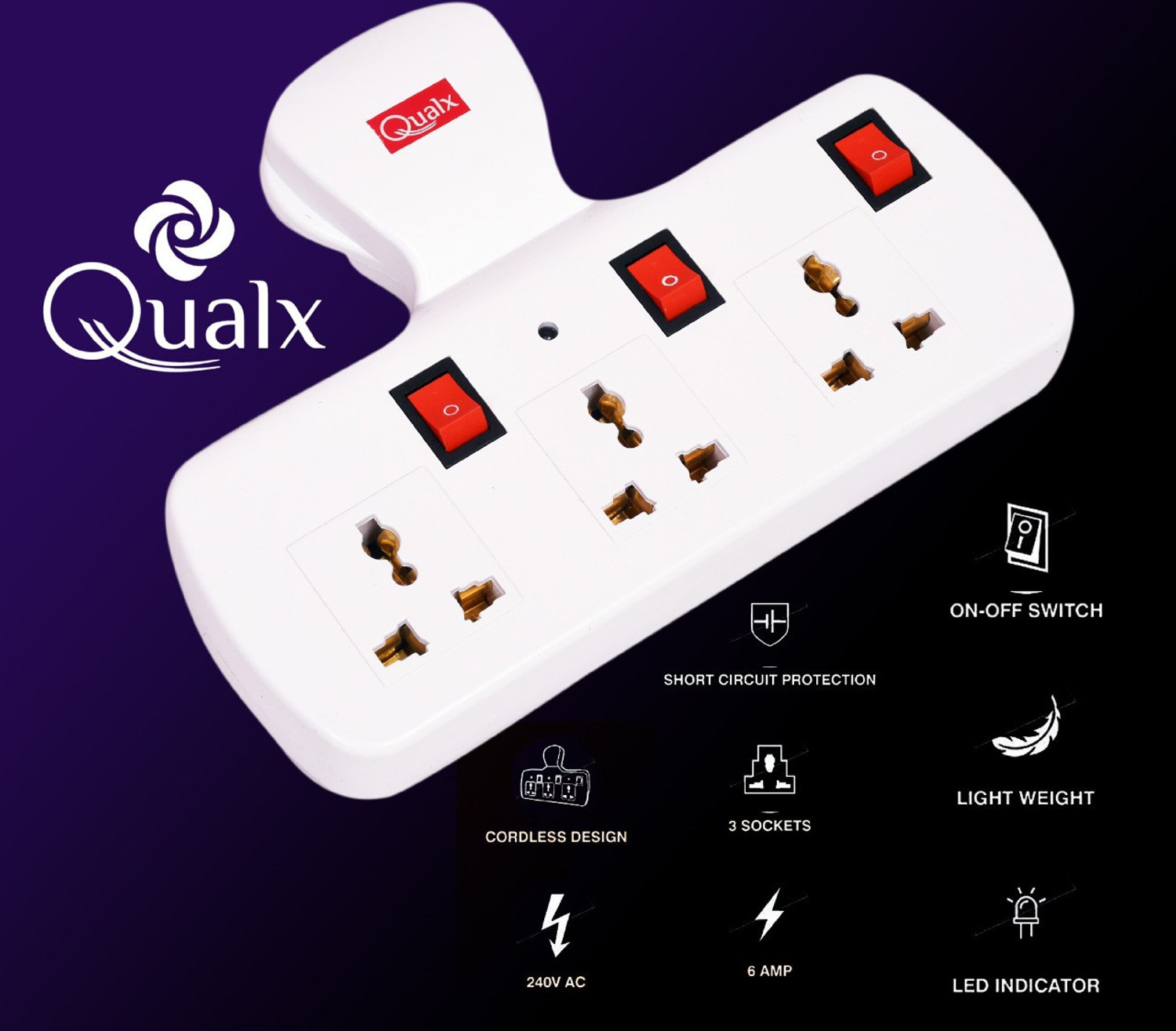 Image of QUALX 3 Universal Socket Extension Cord With power OFF /ON Switch 3 Socket 3 Socket Extension Boards