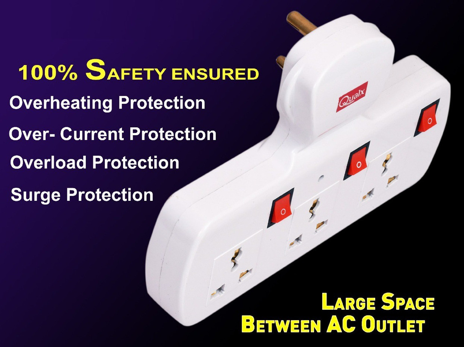 Image of QUALX 3 Universal Socket Extension Cord With power OFF /ON Switch 3 Socket 3 Socket Extension Boards
