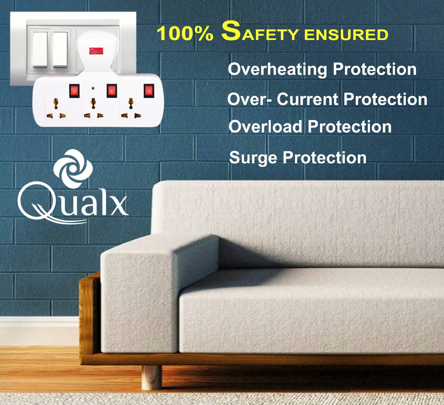 Image of QUALX 3 Universal Socket Extension Cord With power OFF /ON Switch 3 Socket 3 Socket Extension Boards