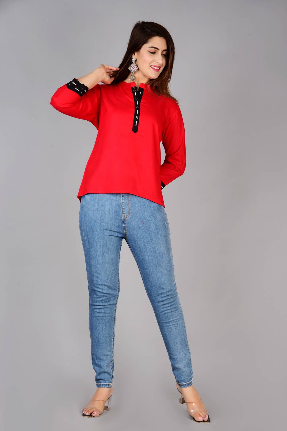 Brijam Casual 3/4 Sleeve Solid Women Red Top