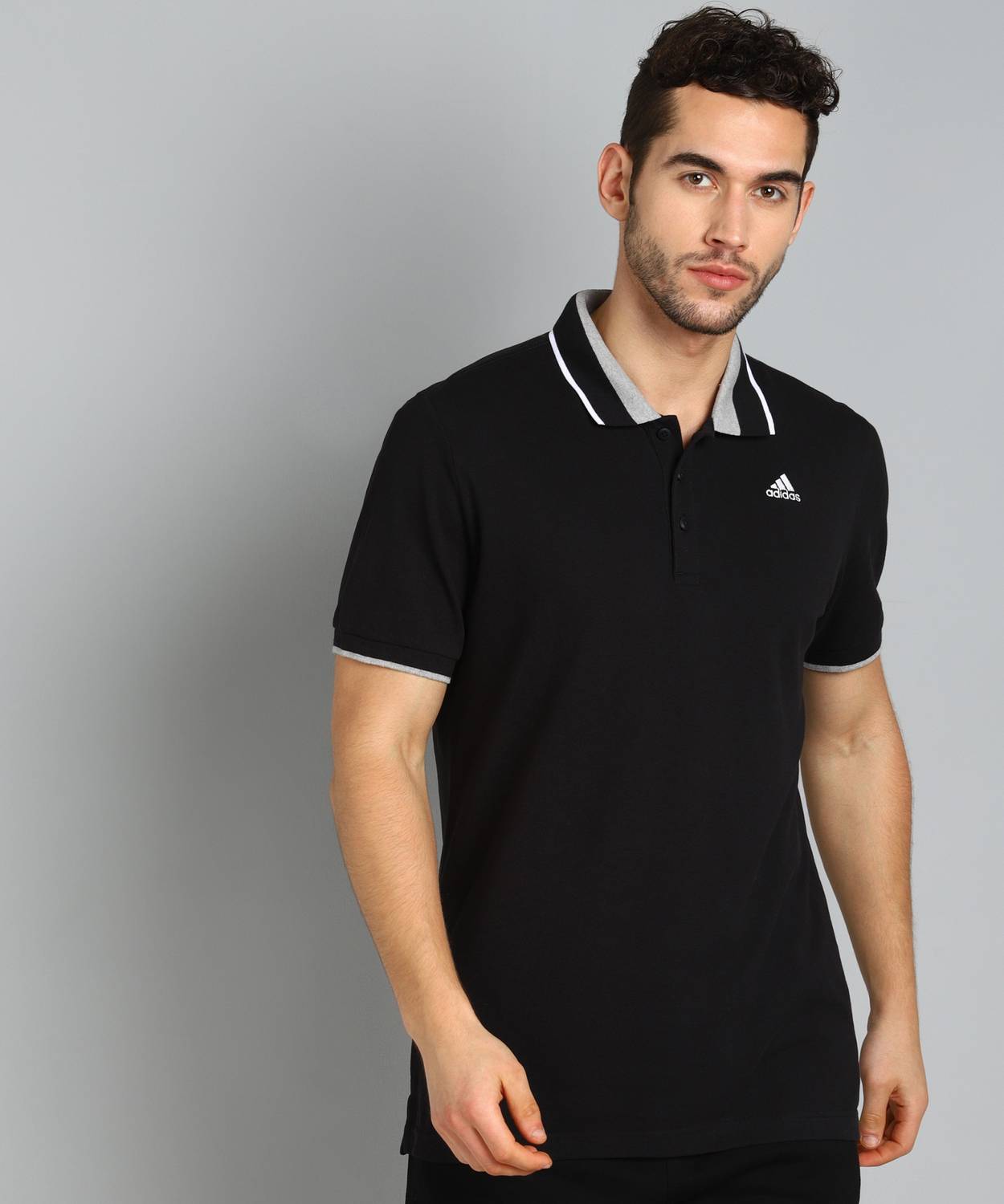 adidas Men Solid Polo Neck Cotton Blend Black T-Shirt