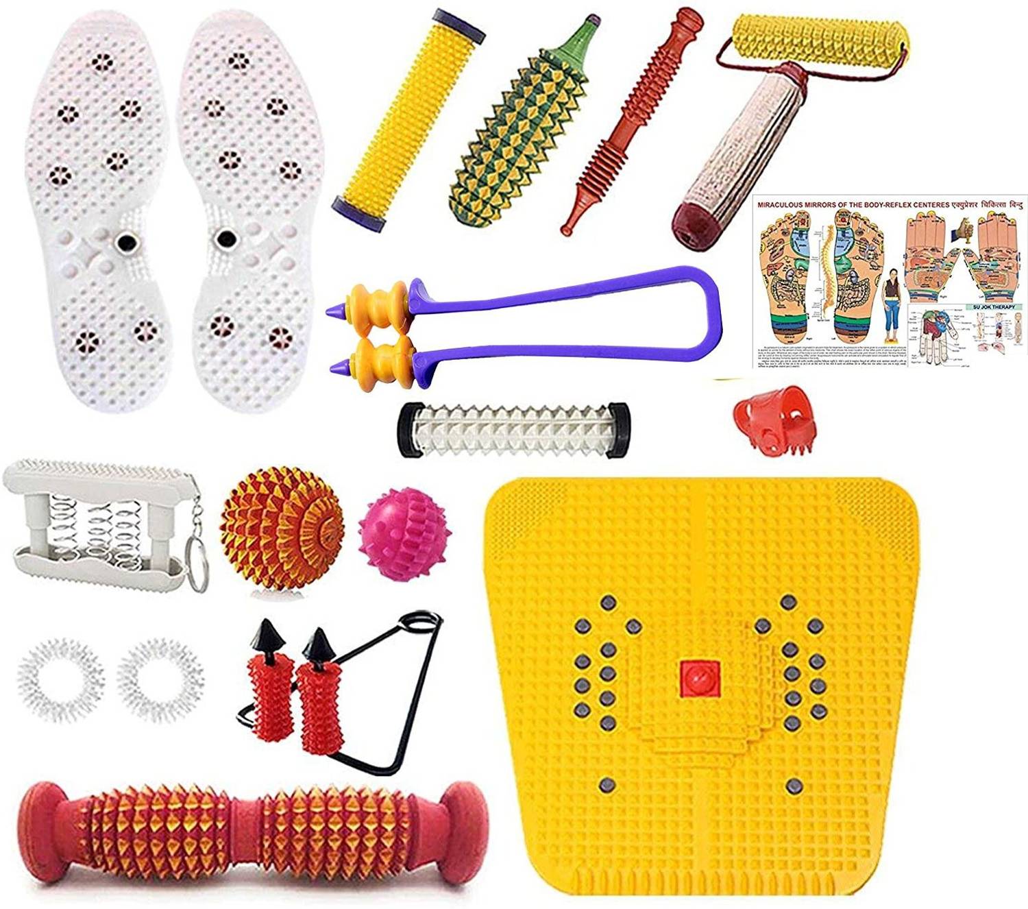 AHCS Acupressure Massager & Sujok Therapy Tools Combo Kit For Stress Pain Relief Natural Care Bio-Magnetic Power Foot Mat Shoe Sole Foot Roller-Pyramidal Wooden Massager