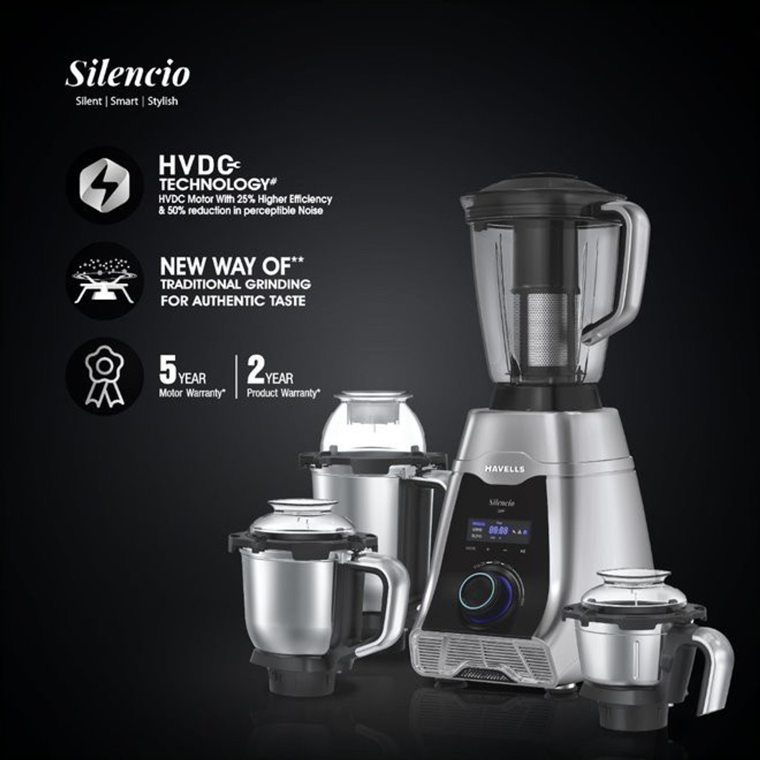 Image of HAVELLS Silencio Low Noise 500 W Mixer Grinder 4 Jars (Grey & Black)