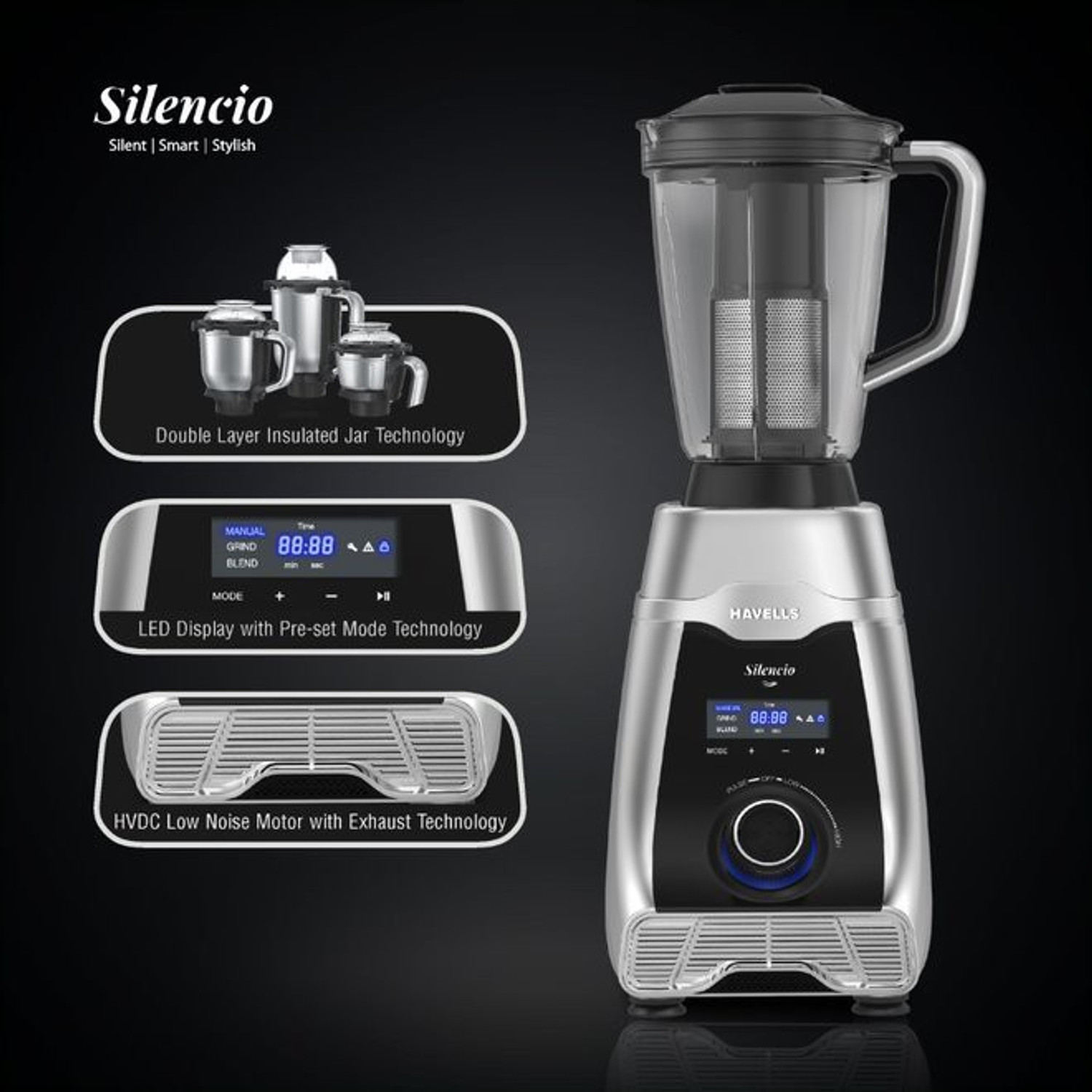 Image of HAVELLS Silencio Low Noise 500 W Mixer Grinder 4 Jars (Grey & Black)