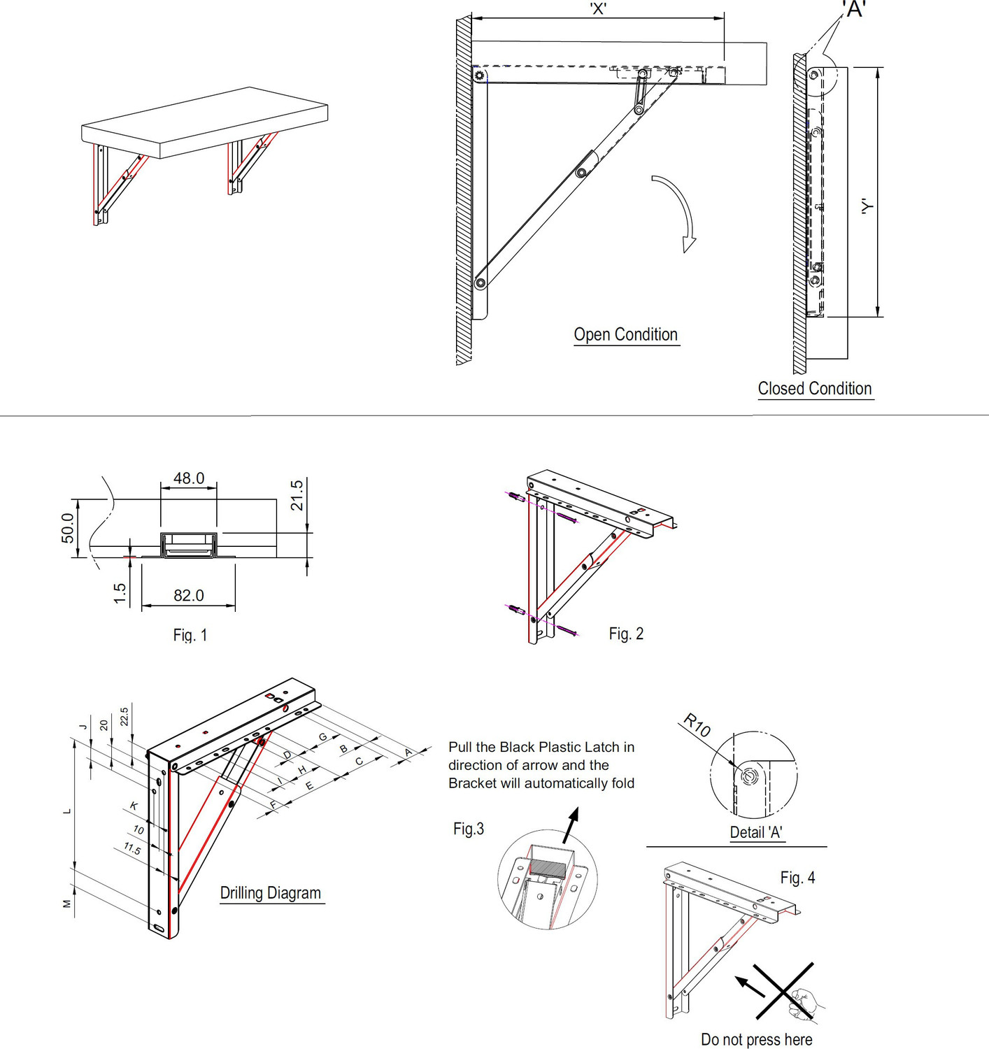Image of AVOQ Wall Mounted Folding Brackets for Study table Office table Laptop table (600mm) 24 inch Shelf Bracket (Iron)