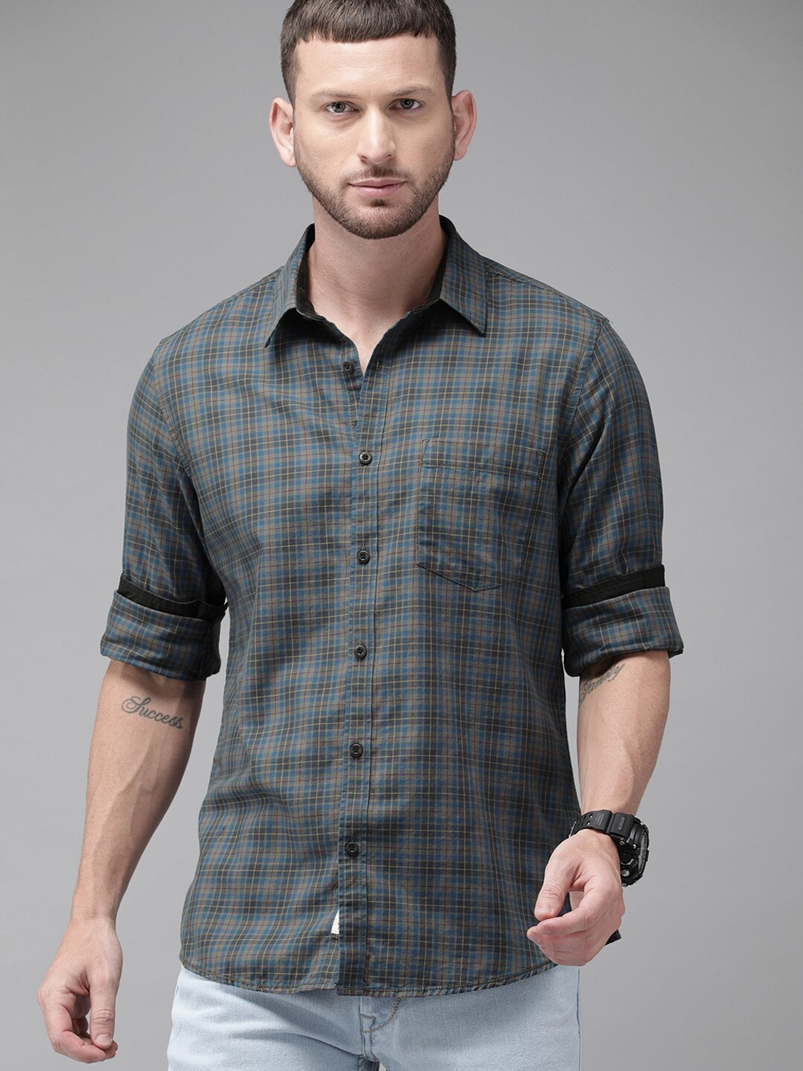 Image of Roadster Men Checkered Casual Grey Shirt