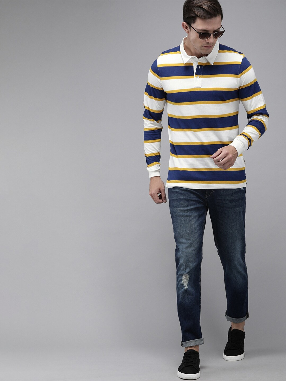 Image of Roadster Striped Men Polo Neck Dark Blue, White, Yellow T-Shirt