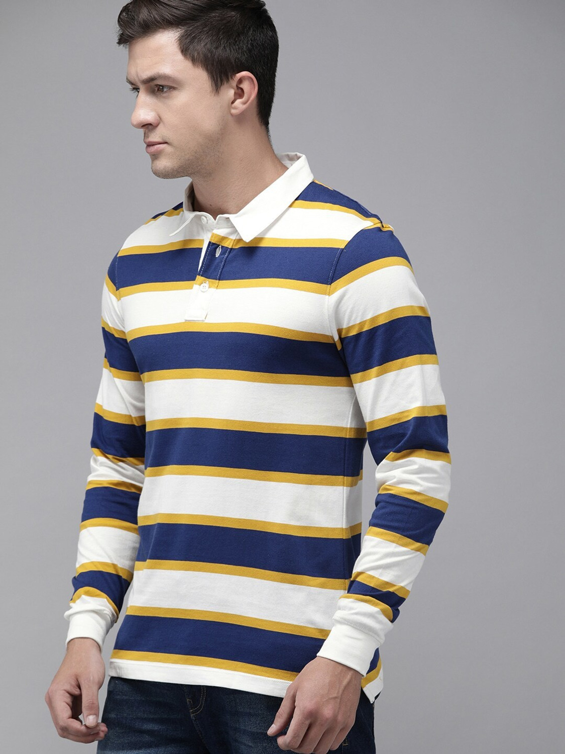 Image of Roadster Striped Men Polo Neck Dark Blue, White, Yellow T-Shirt