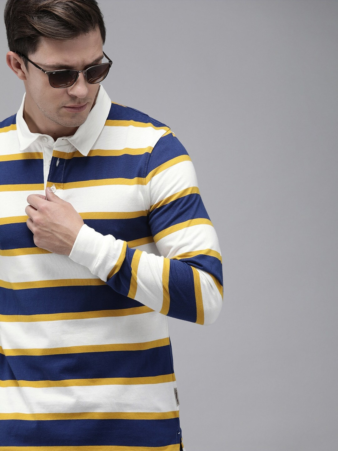 Image of Roadster Striped Men Polo Neck Dark Blue, White, Yellow T-Shirt