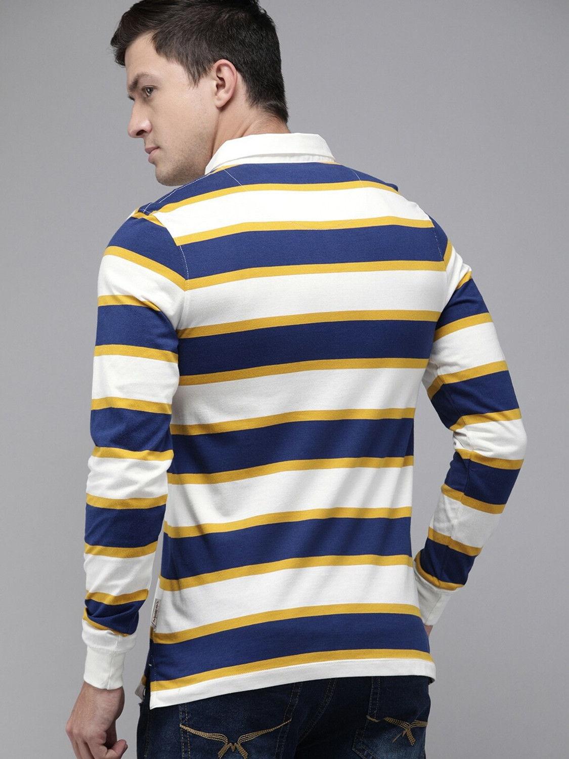Image of Roadster Striped Men Polo Neck Dark Blue, White, Yellow T-Shirt