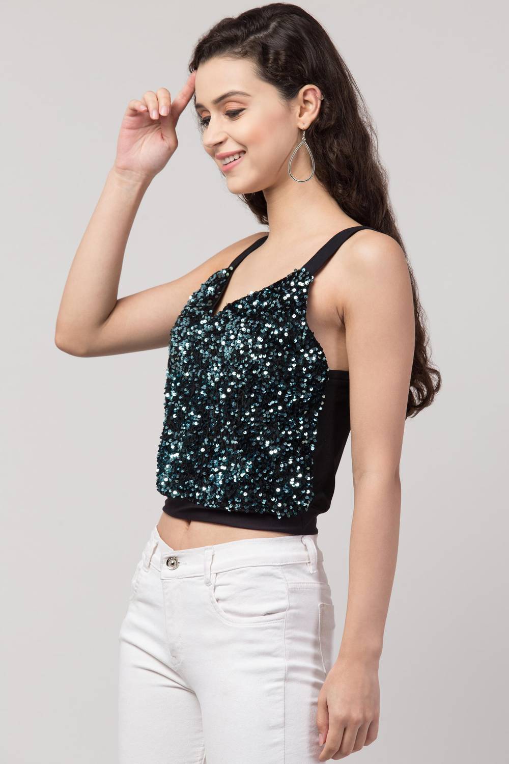 Fabitto Casual Sleeveless Embellished Women Blue Top