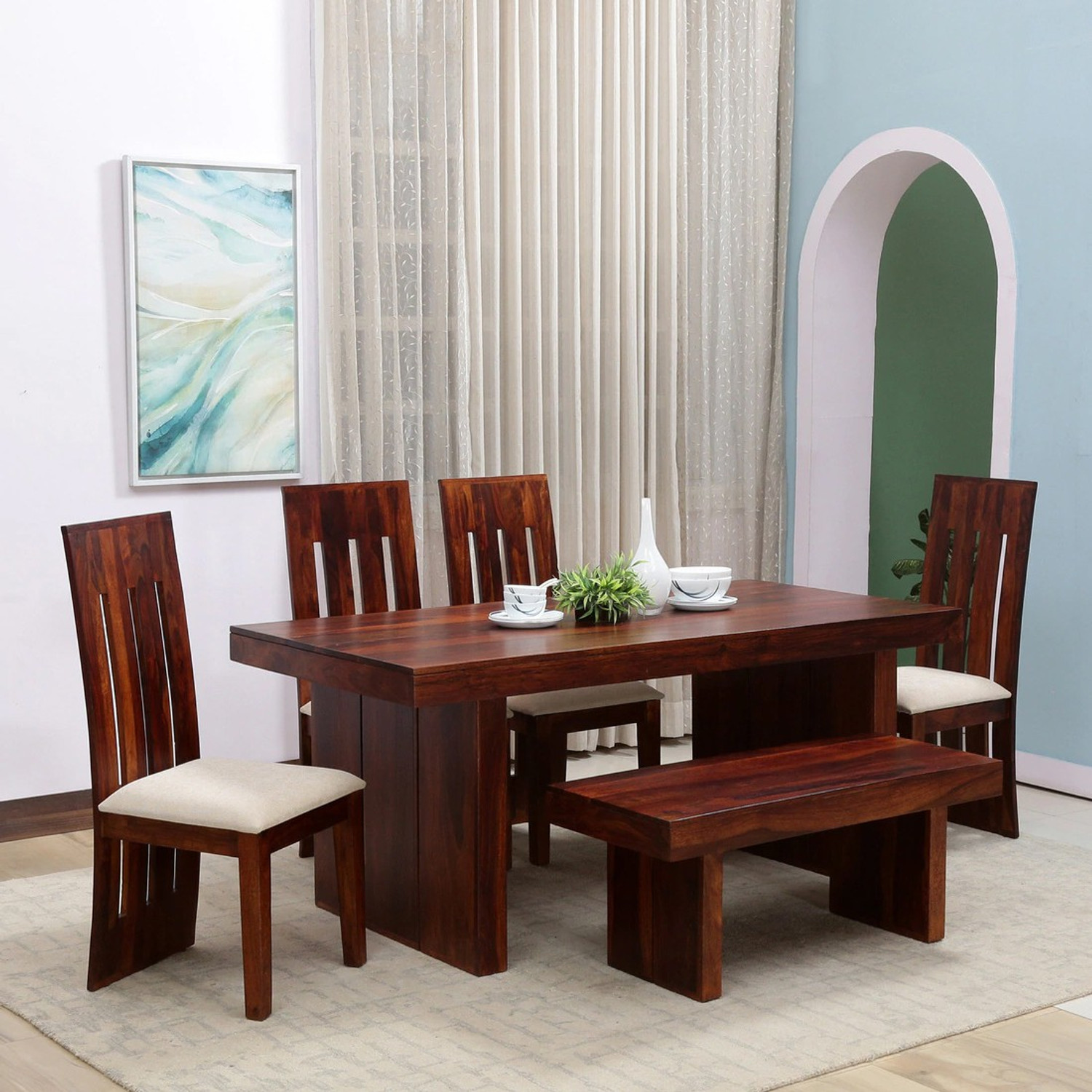 Image of Kendalwood Furniture Premium Dining Room Furniture Wooden Dining Table with 4 Chairs & 1 Bench Solid Wood 6 Seater Dining Set
