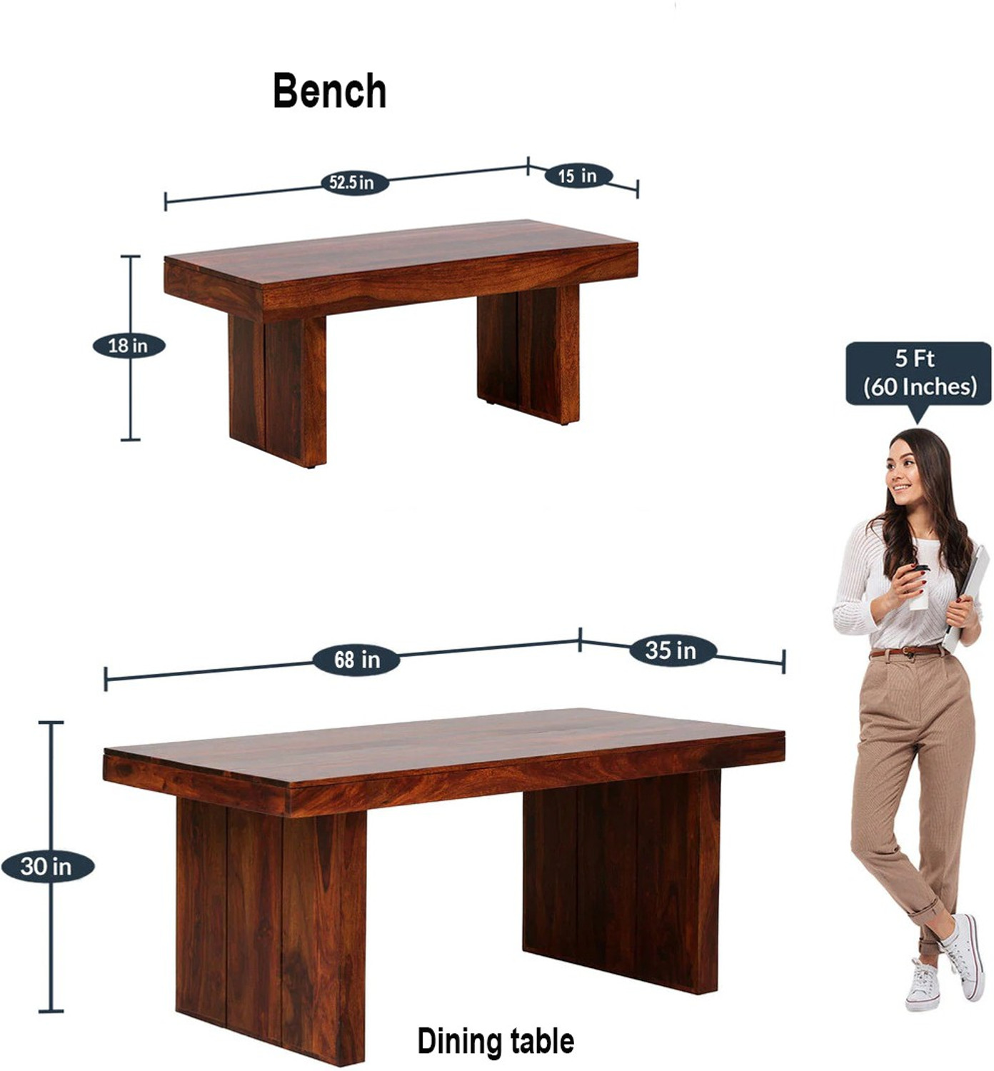 Image of Kendalwood Furniture Premium Dining Room Furniture Wooden Dining Table with 4 Chairs & 1 Bench Solid Wood 6 Seater Dining Set