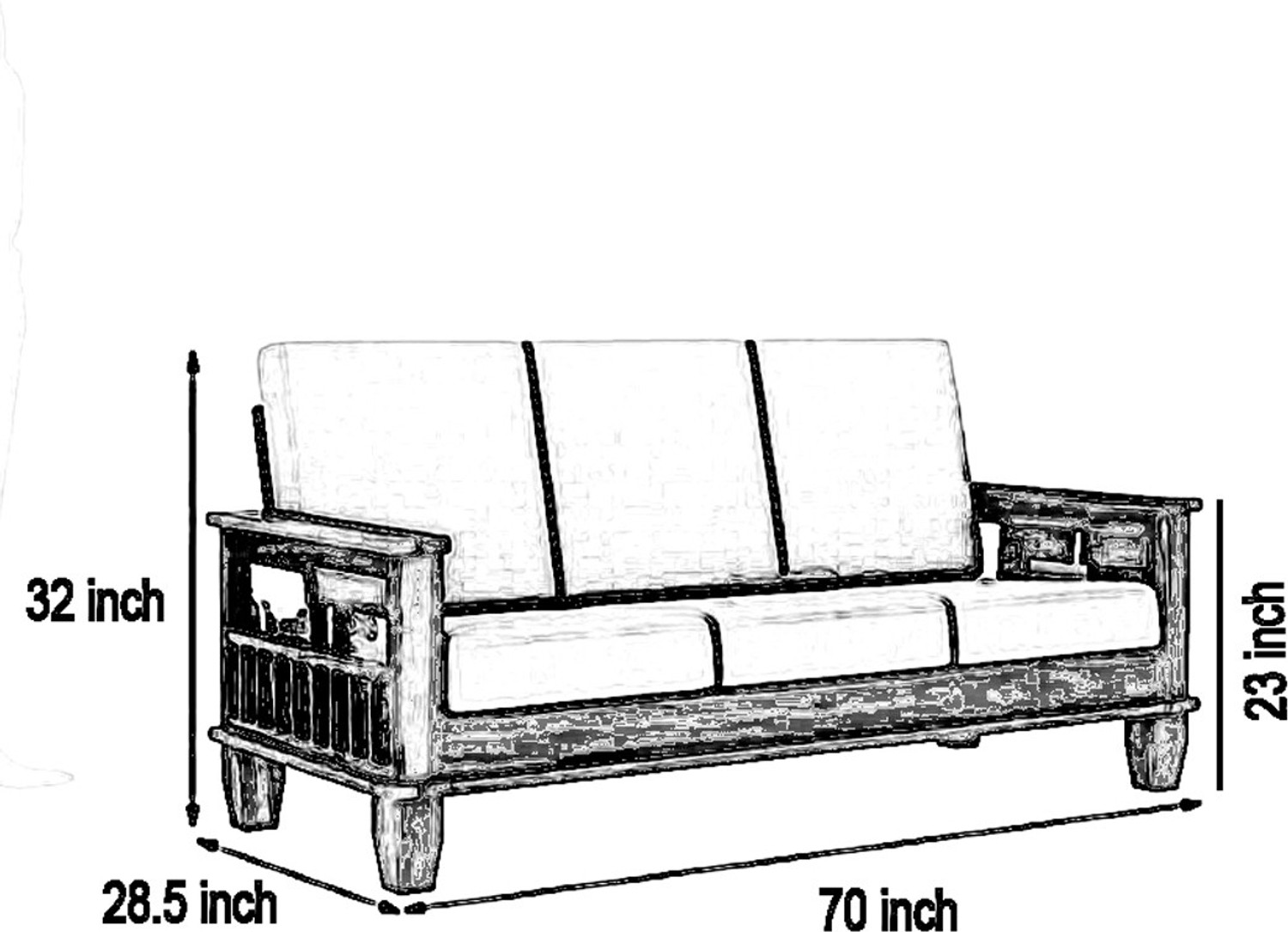 Image of Kendalwood Furniture Solid Wood 3 Seater Wooden Sofa set for living Room Furniture Fabric 3 Seater Sofa