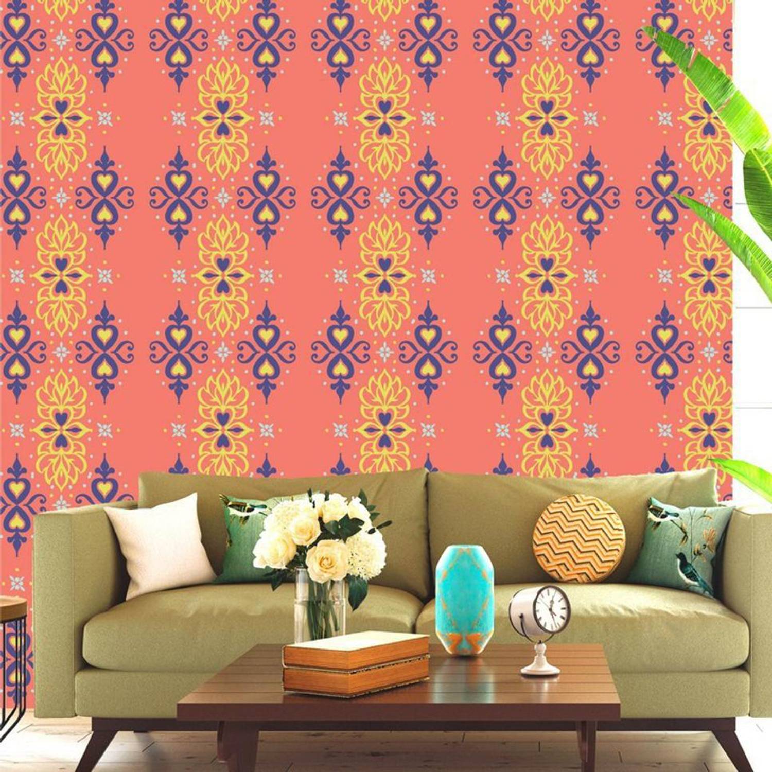 Asian Paints 45 cm EzyCR8 P&S Ornate Mediterranean - Beauty of Damask - Orange Sticker Removable Sticker