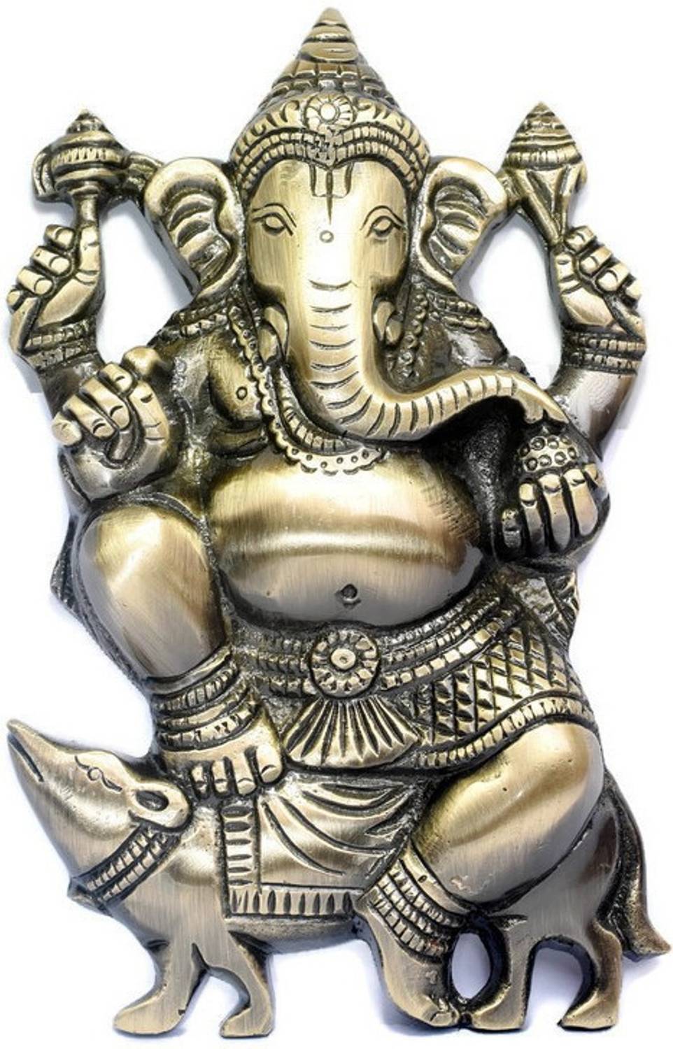 H&T PRODUCTS Ganesh Ji Sitting on Rat Statue Decorative Showpiece (Antique Brass,Pack Of 1) Decorative Showpiece  -  23 cm