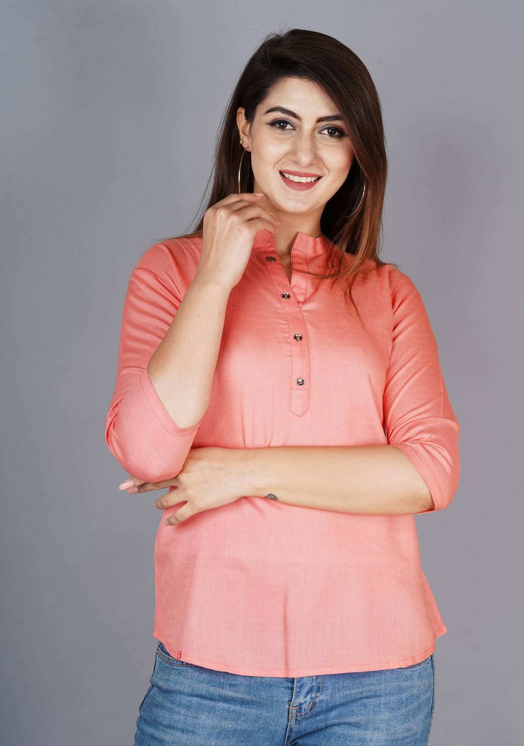 Brijam Casual 3/4 Sleeve Solid Women Pink Top