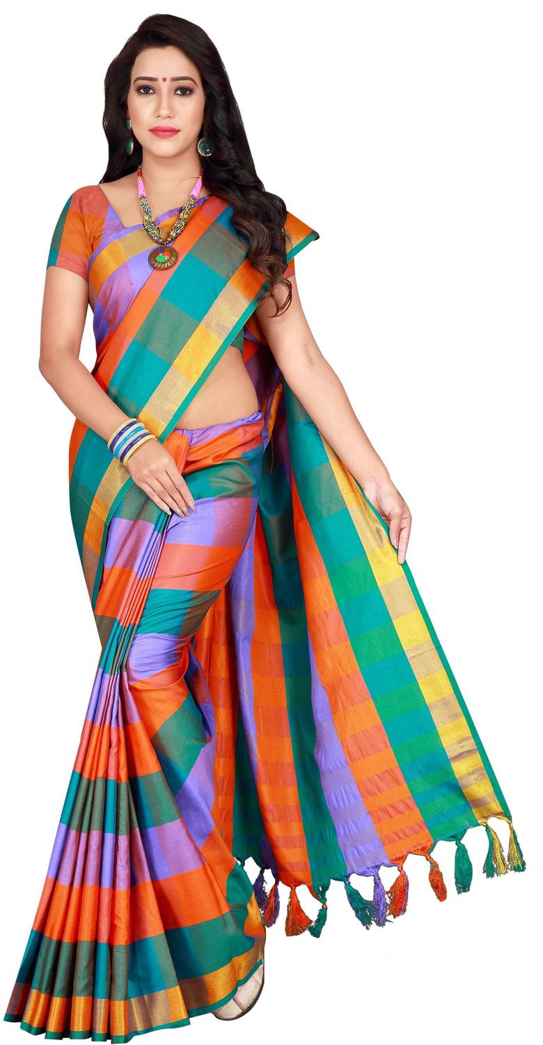 MENFLUENT Checkered Daily Wear Cotton Silk Saree (Purple)