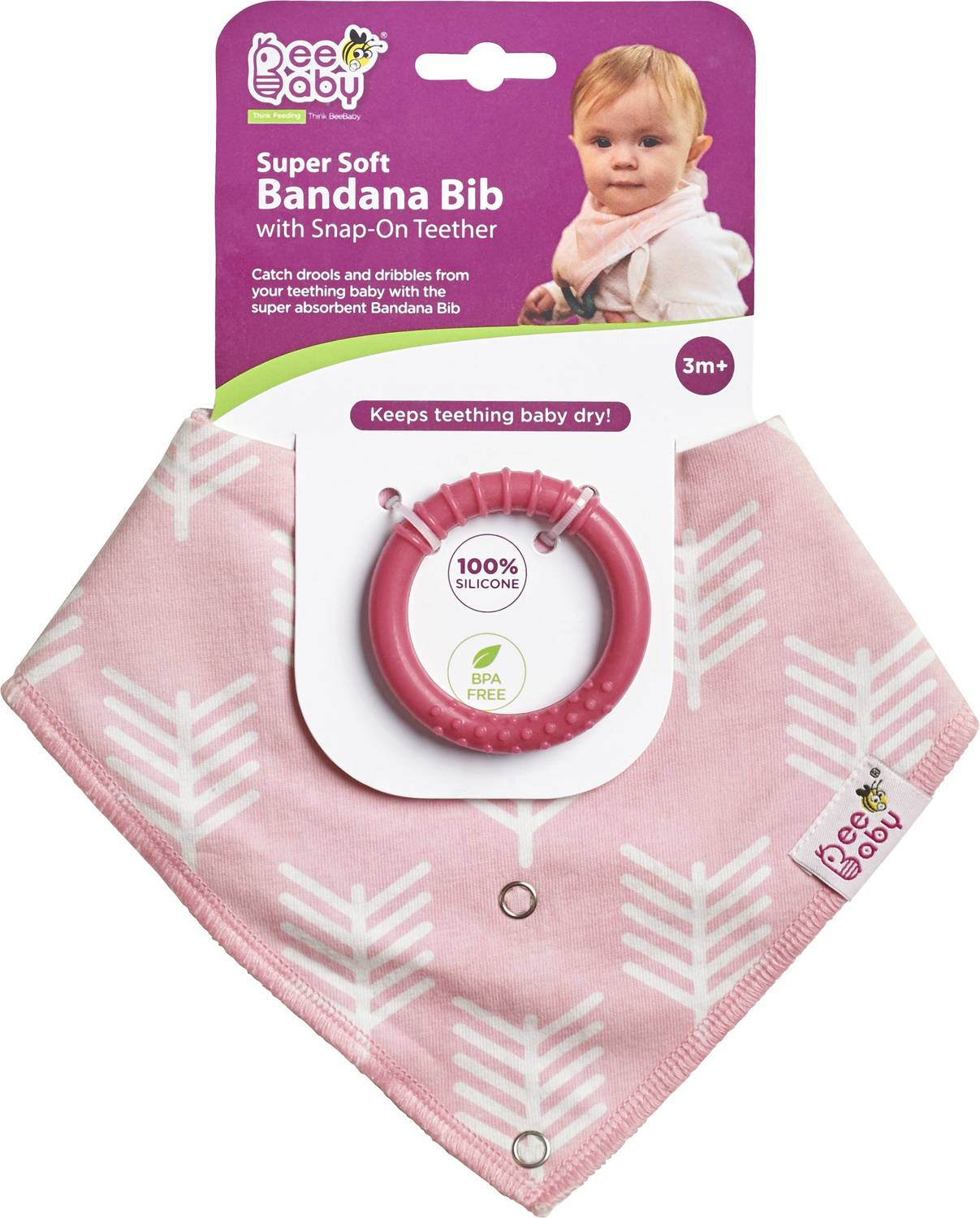 Beebaby Super Absorbent & Soft Bandana Bib with Snap-on Teether. 100% Waterproof & Washable. (Baby Pink - Arrow) 3M+