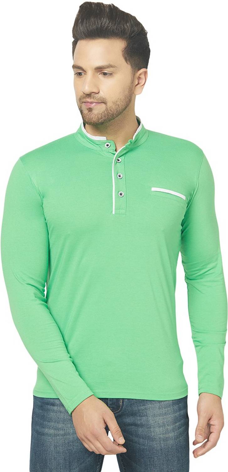 Tivy Solid Men Mandarin Collar Green T-Shirt