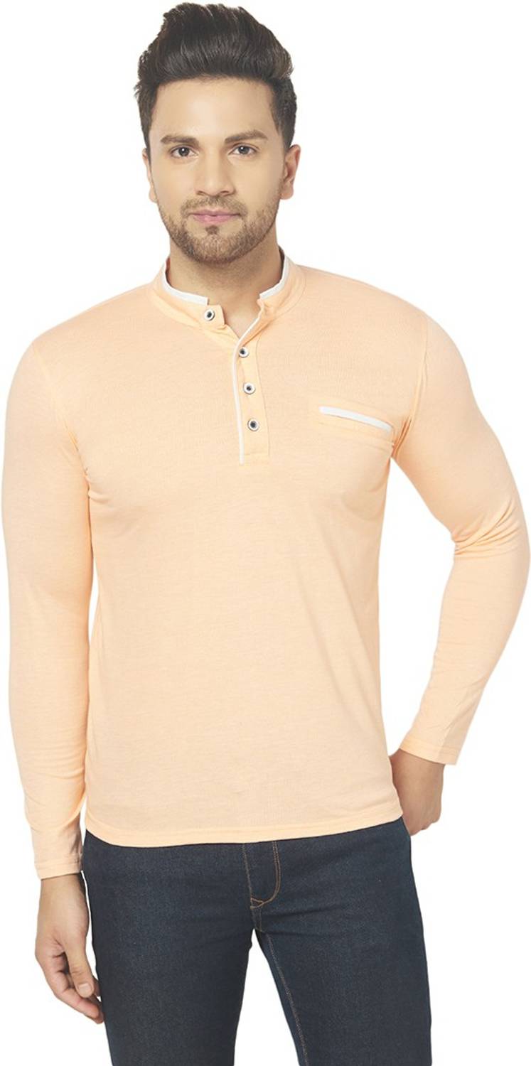 Tivy Solid Men Mandarin Collar Beige T-Shirt