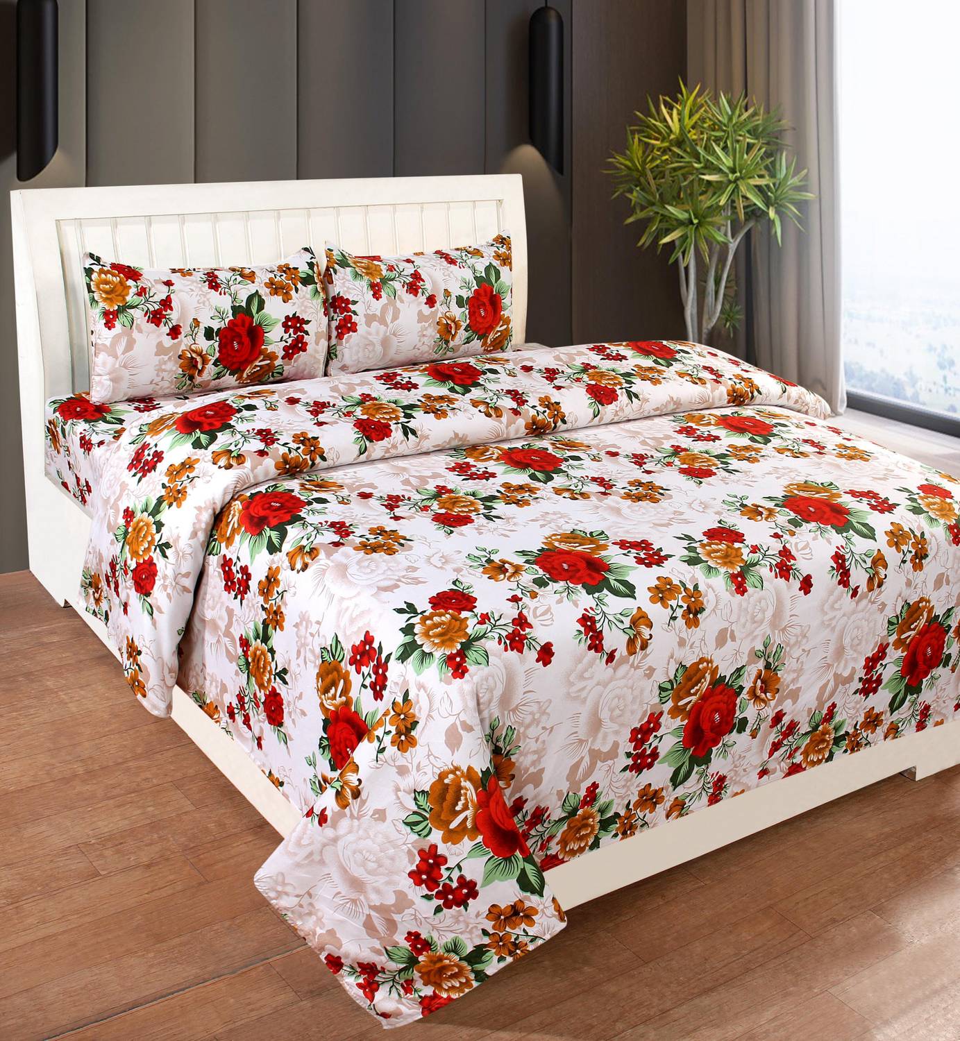 SS88 HOMES Polycotton Double Flat 140 TC Floral 1 Bedsheet with 2 Pillow Covers