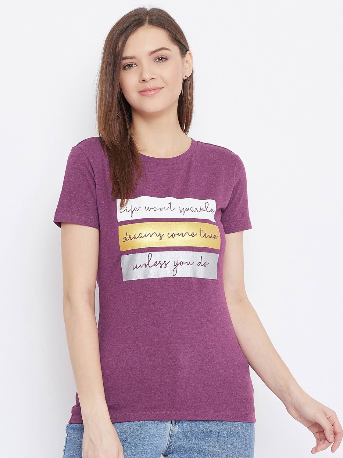 BISHOP COTTON Printed Women Round Neck Purple T-Shirt