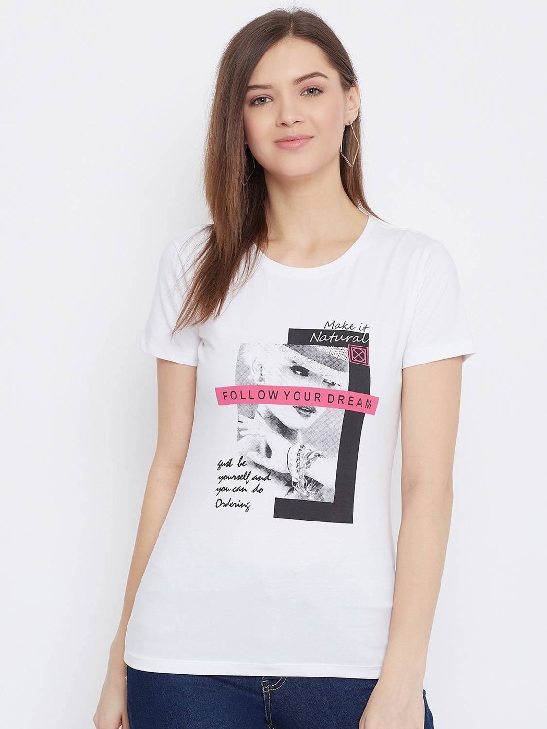 BISHOP COTTON Printed Women Round Neck White T-Shirt