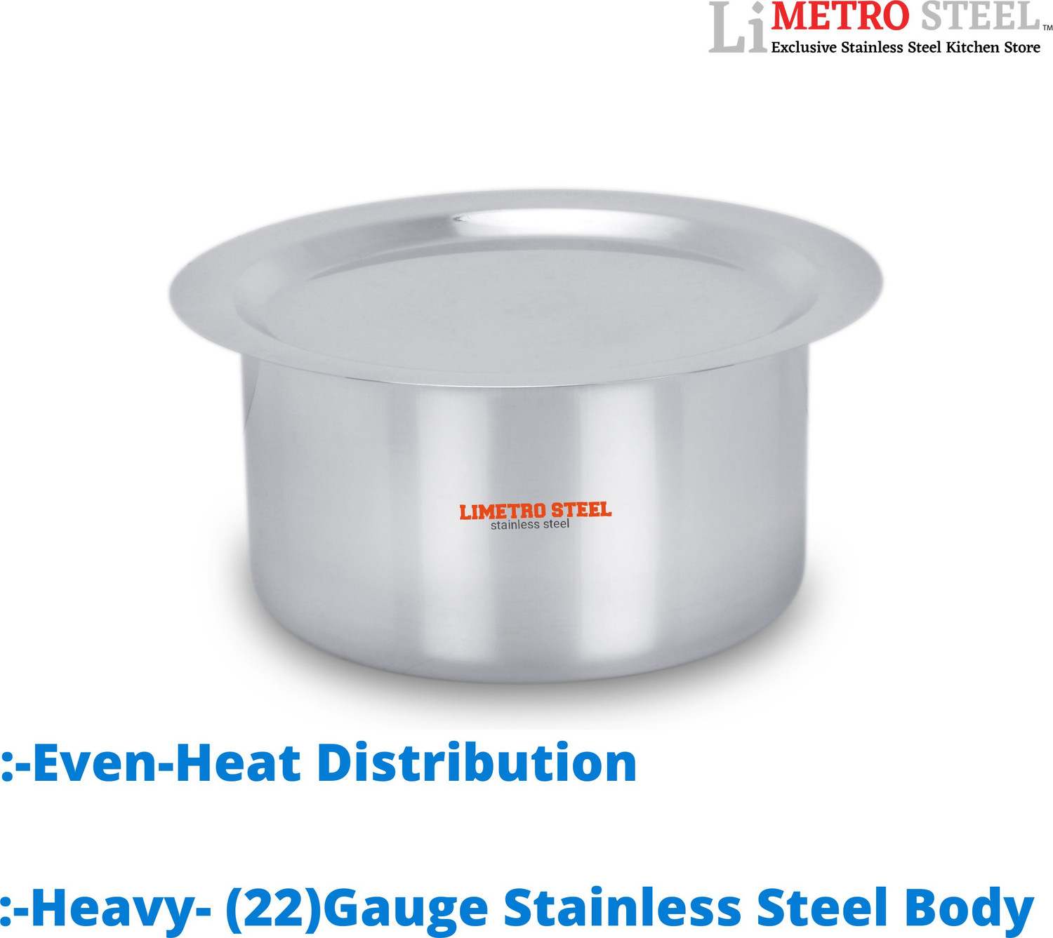 Image of LIMETRO STEEL High Quality Stainless Steel Heavy 22 Gauge Cook and Serve Use Steel tope set with lid Tope /Bhagona /Patila Set with Lid 1 L, 1.5 L, 2 L, 2.5 L, 3 L capacity 25 cm diameter