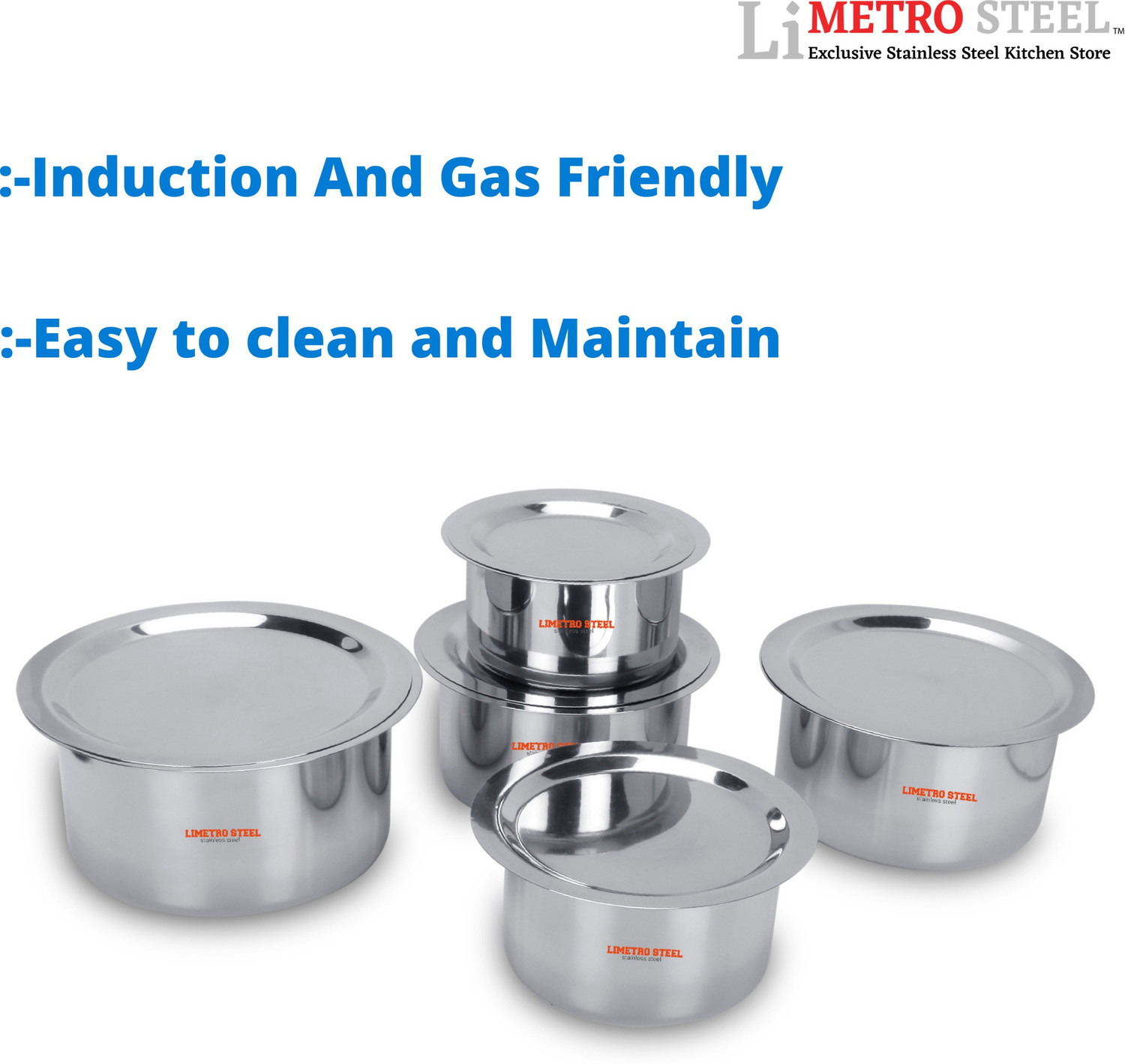 Image of LIMETRO STEEL High Quality Stainless Steel Heavy 22 Gauge Cook and Serve Use Steel tope set with lid Tope /Bhagona /Patila Set with Lid 1 L, 1.5 L, 2 L, 2.5 L, 3 L capacity 25 cm diameter
