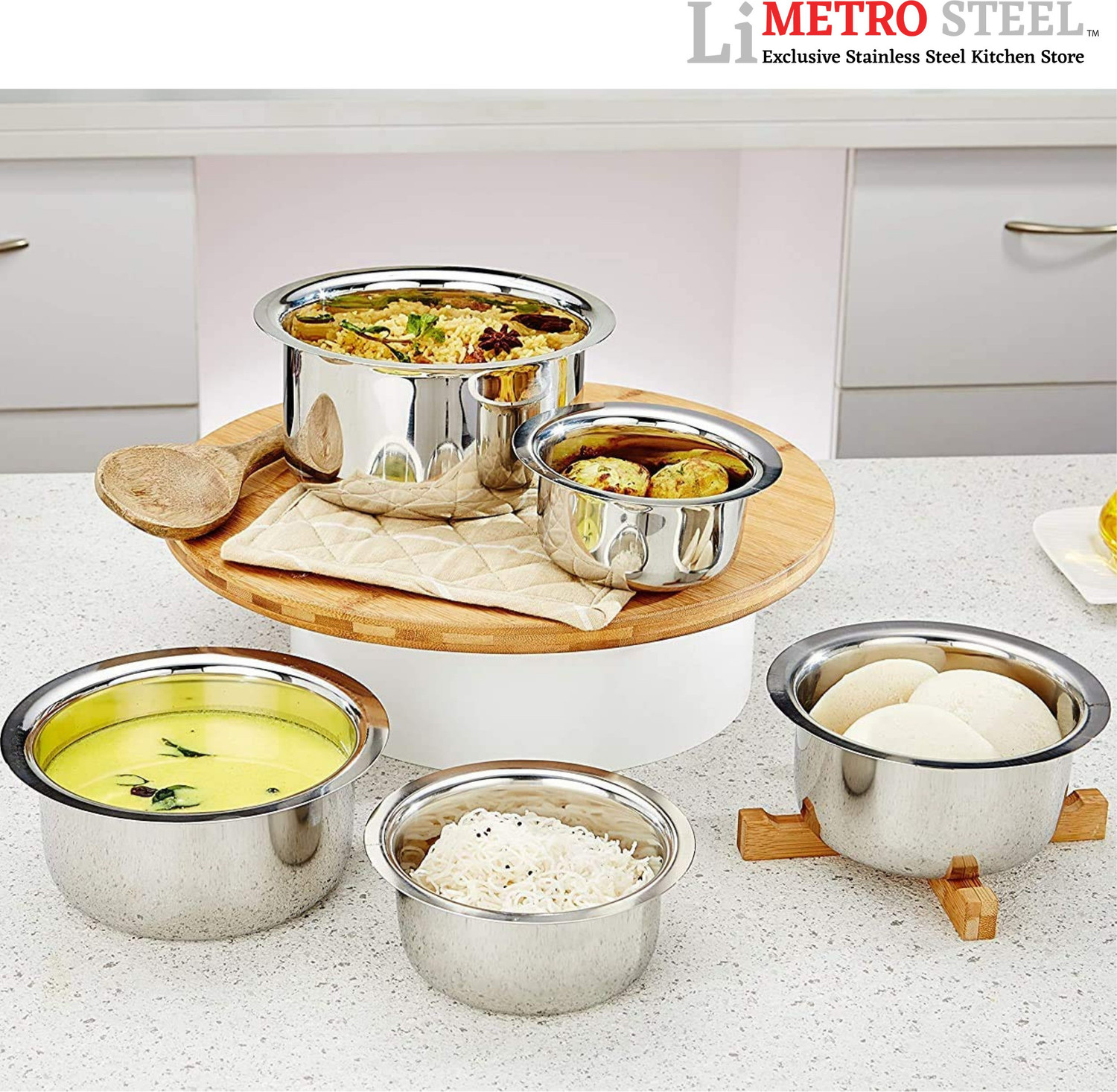 Image of LIMETRO STEEL High Quality Stainless Steel Heavy 22 Gauge Cook and Serve Use Steel tope set with lid Tope /Bhagona /Patila Set with Lid 1 L, 1.5 L, 2 L, 2.5 L, 3 L capacity 25 cm diameter