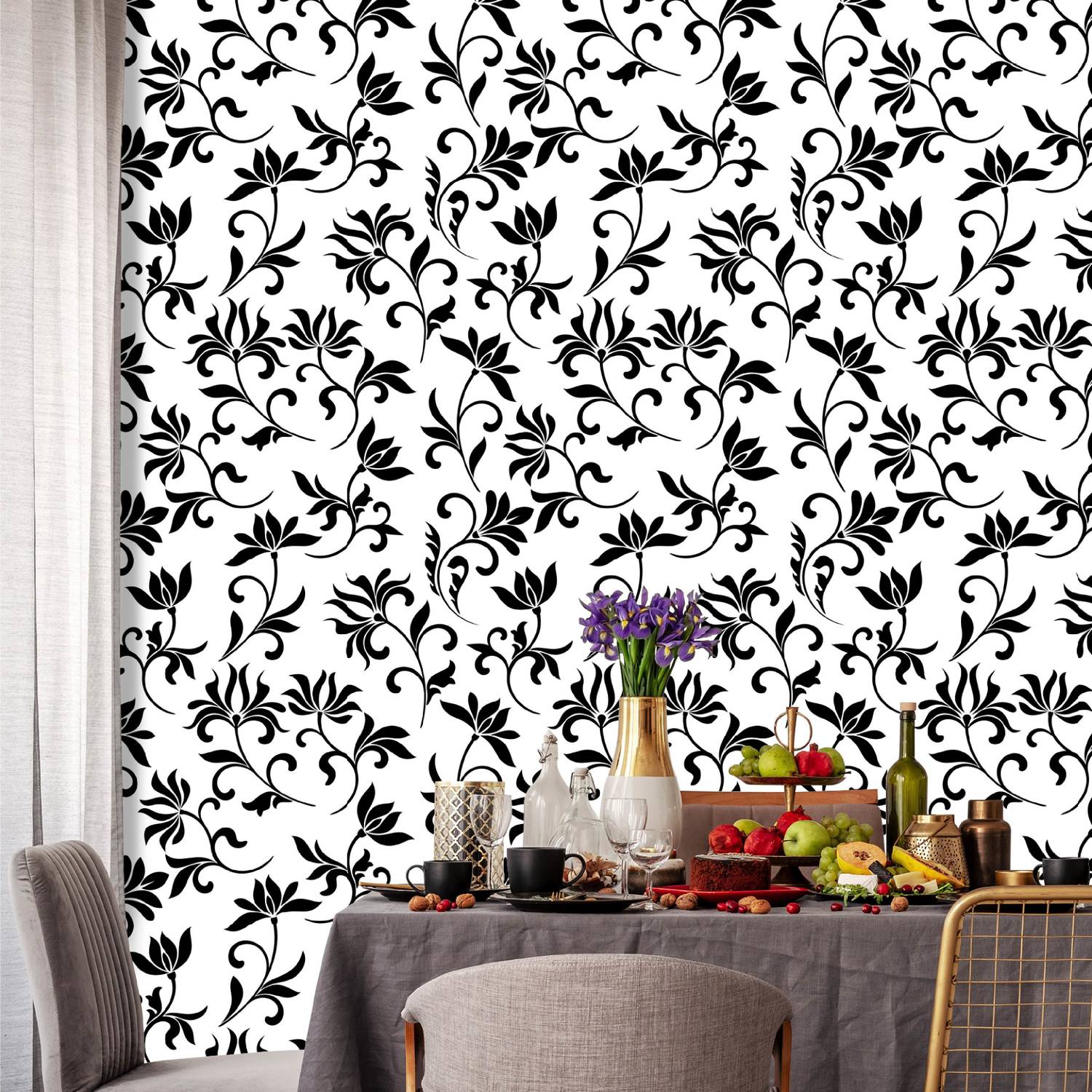 Asian Paints 45 cm EzyCR8 P&S Floral Flowers & Leaves - Black & White Sticker Removable Sticker