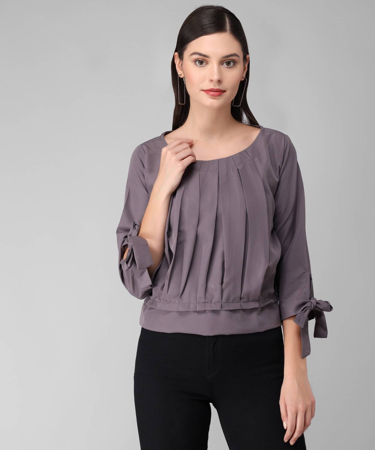 Annectant Casual 3/4 Sleeve Solid Women Grey Top
