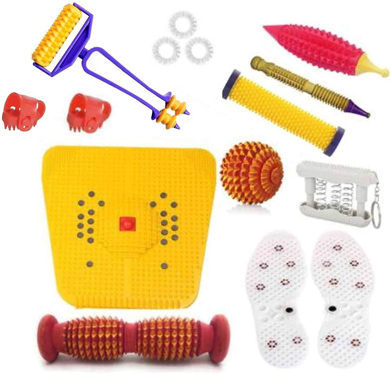 Acufit ACU202 Acupressure Massager Tools Combo Kit for Stress and Pain Relief with Foot Roller (Pyramidal cuts)(Wooden) + Bio - Magnetic Power Mat + Mini Roller With Finger Massager + 2 Pc Thumb Pad + Pocket Exerciser + Shoe Sole + Energy Roller - Soft +Wooden Ball + Karela Plastic + Wooden Jimmy + 3 Pc Massage Rings For Stress And Pain Relief Acupressure Tool Kit Massager