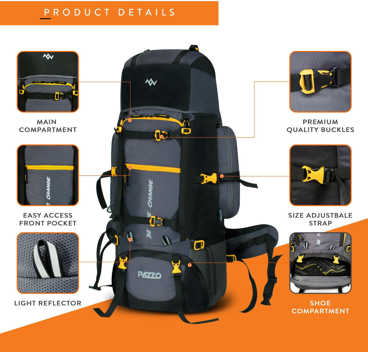 Image of PAZZO 80 Ltr Trekking Bag Hiking Backpack Travel Backpack with Raincover ( 1 year warranty) Rucksack - 80 L