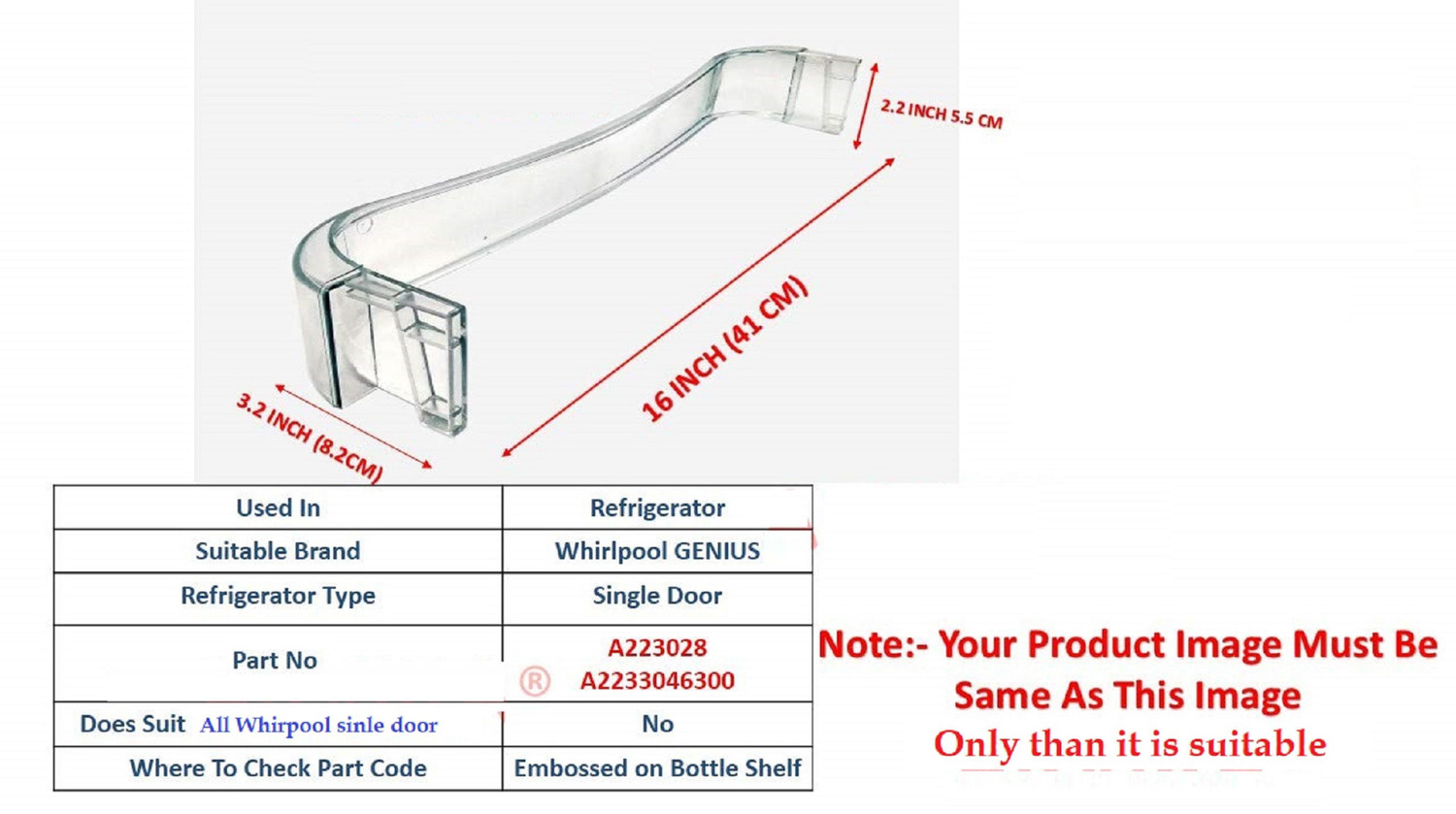 Image of WhirpoolRack Bottle Shelf (Rack) Bottle Bin Trim 16 inch Whirlpool Genius Single Door Fridge Compatible Bottle Shelf Fridge Freezer Door Hinge