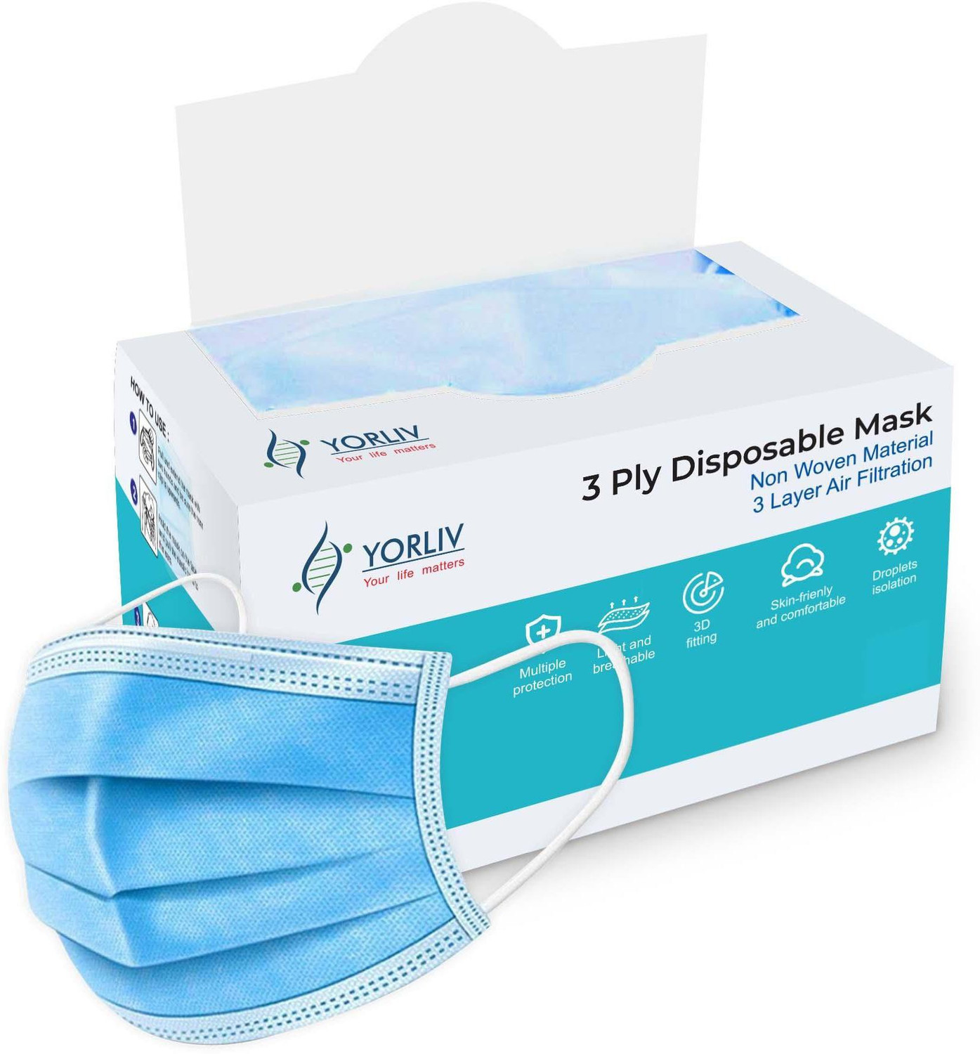 Image of YORLIV With Nose Clip, Soft Ear loops for Men Women Kids 3 Ply Mask,100 Pcs. Water Resistant Surgical Mask