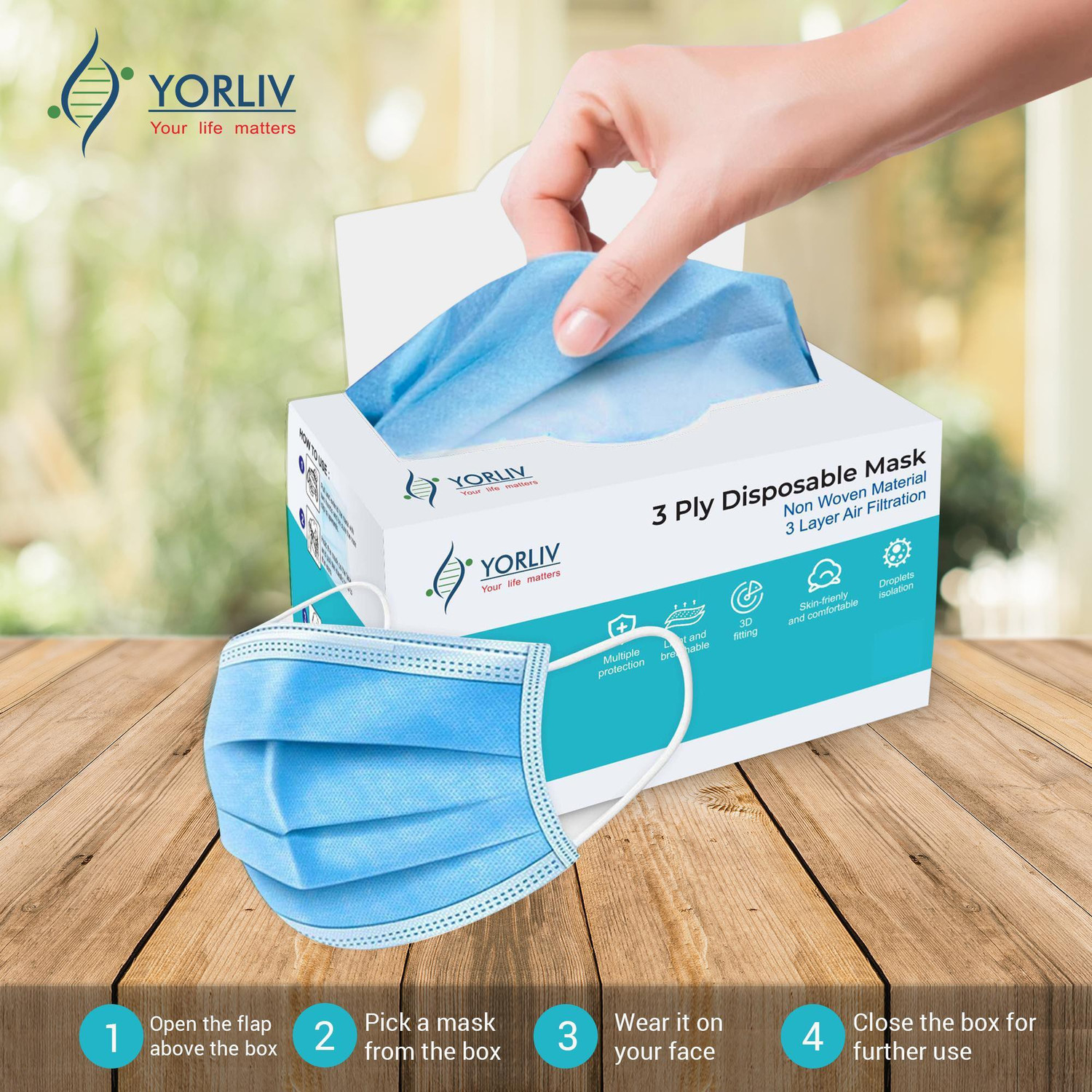 Image of YORLIV With Nose Clip, Soft Ear loops for Men Women Kids 3 Ply Mask,100 Pcs. Water Resistant Surgical Mask