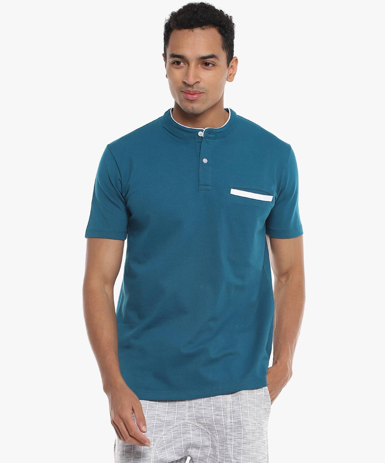 CAHOOT Solid Men Mandarin Collar Blue T-Shirt