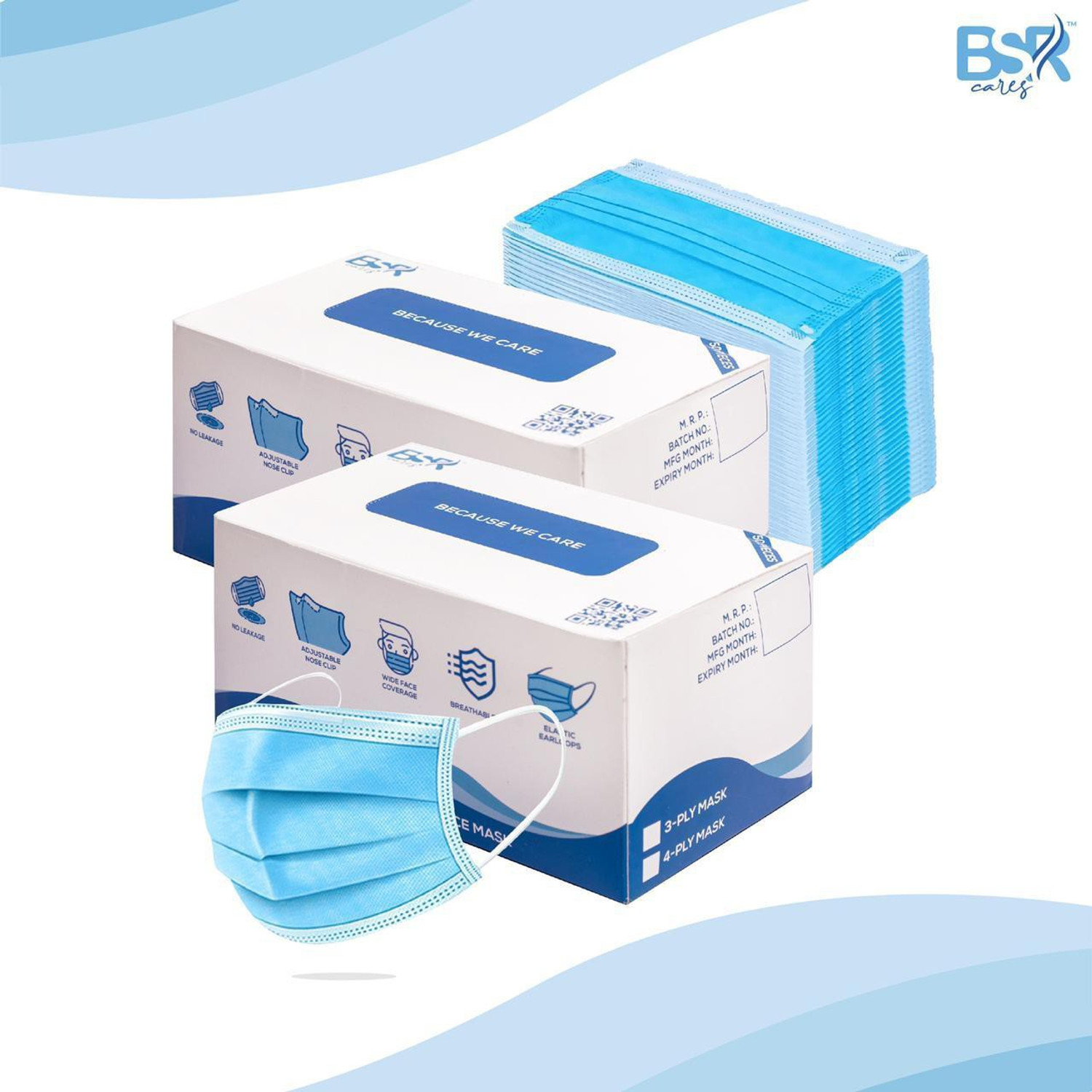 Image of BSRCARES 3 Ply Protective Face Mask, BFE >95% & PFE >90%,ISI,BIS,CE & ISO 9001:2015 Certified, Tested by SITRA, Complies to ISI Level 2 & EN14683 Type IIR, Premium Mask For Men and Women 3 Ply Surgical Disposable Face Mask With Thick Melt Blown (SMMS) Filter, Anti-Pollution, Anti-Virus, Anti-Bacteria Mask with Nose Clip, Comfortable Earloops, and Skin Friendly, BSPFM Water Resistant Surgical Mask With Melt Blown Fabric Layer (Blue, Free Size, , 3 Ply) Surgical Mask With Melt Blown Fabric Layer (Blue, Free Size, , 3 Ply) Water Resistant Surgical Mask With Melt Blown Fabric Layer Surgical Mask With Melt Blown Fabric Layer (Free Size, Pack of 300, 3 Ply)