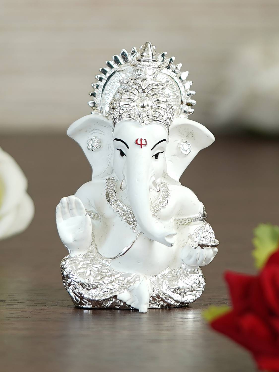 eCraftIndia Silver Plated White Siddhivinayaka Ganesha Decorative Showpiece for Home/Temple/Office/Car Dashboard Decorative Showpiece - 9 cm