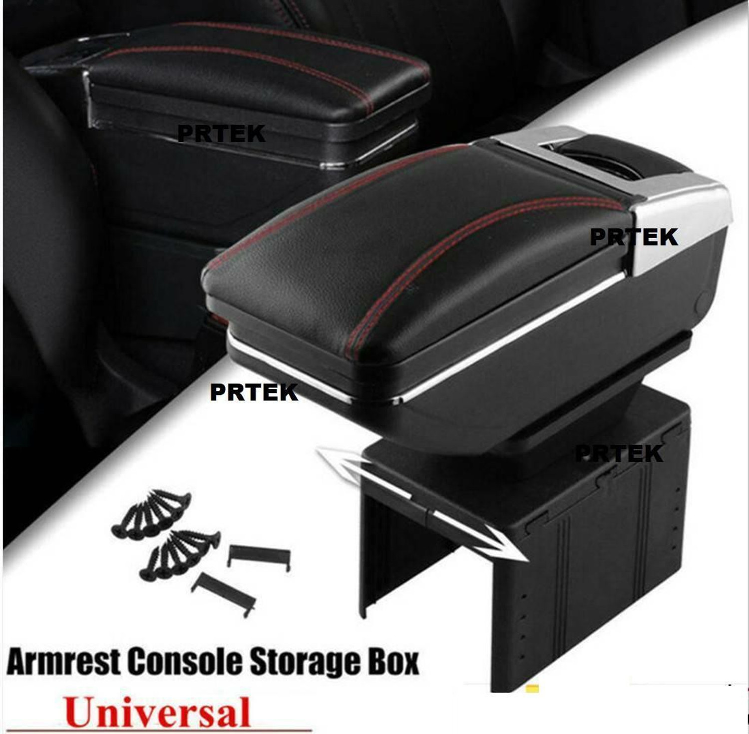 Image of PRTEK Universal Car Armrest Console Storage Box Rotatable Black Leather Center Box Car Armrest