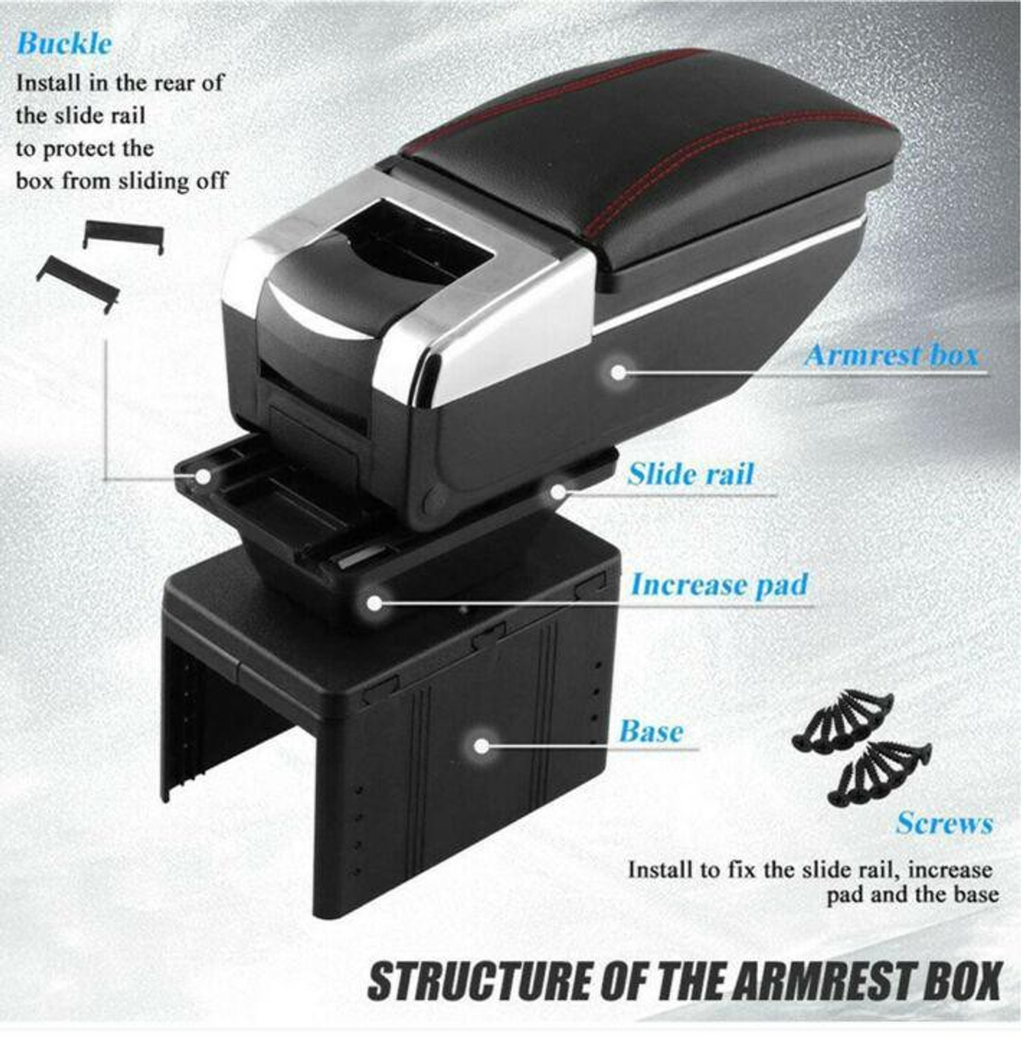 Image of PRTEK Universal Car Armrest Console Storage Box Rotatable Black Leather Center Box Car Armrest