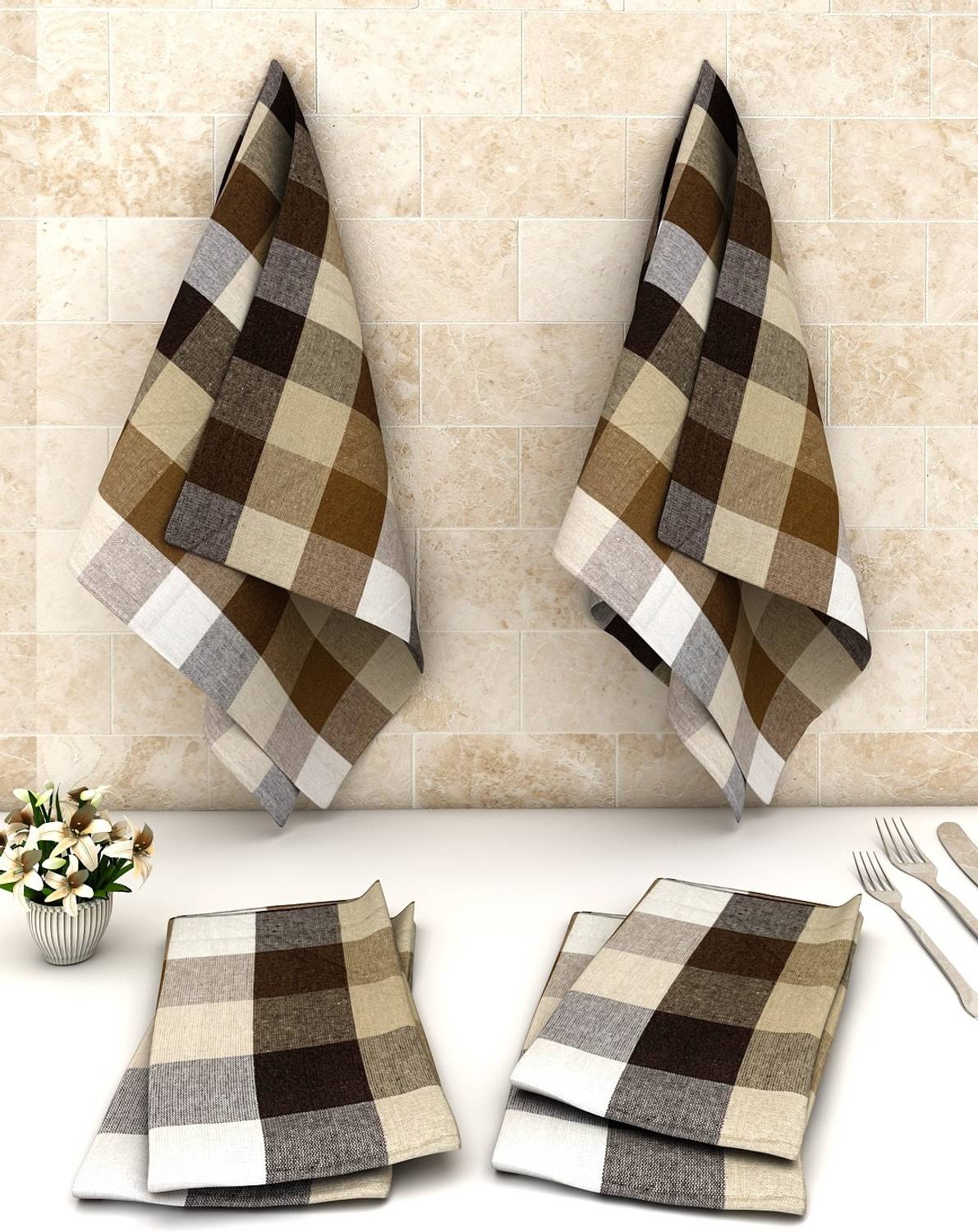 athom TRENDZ Big Checks Cotton Multipurpose Kitchen Towel/Cleaning Cloth 45x45 cm Pack of 6 Wet and Dry Cotton Cleaning Cloth