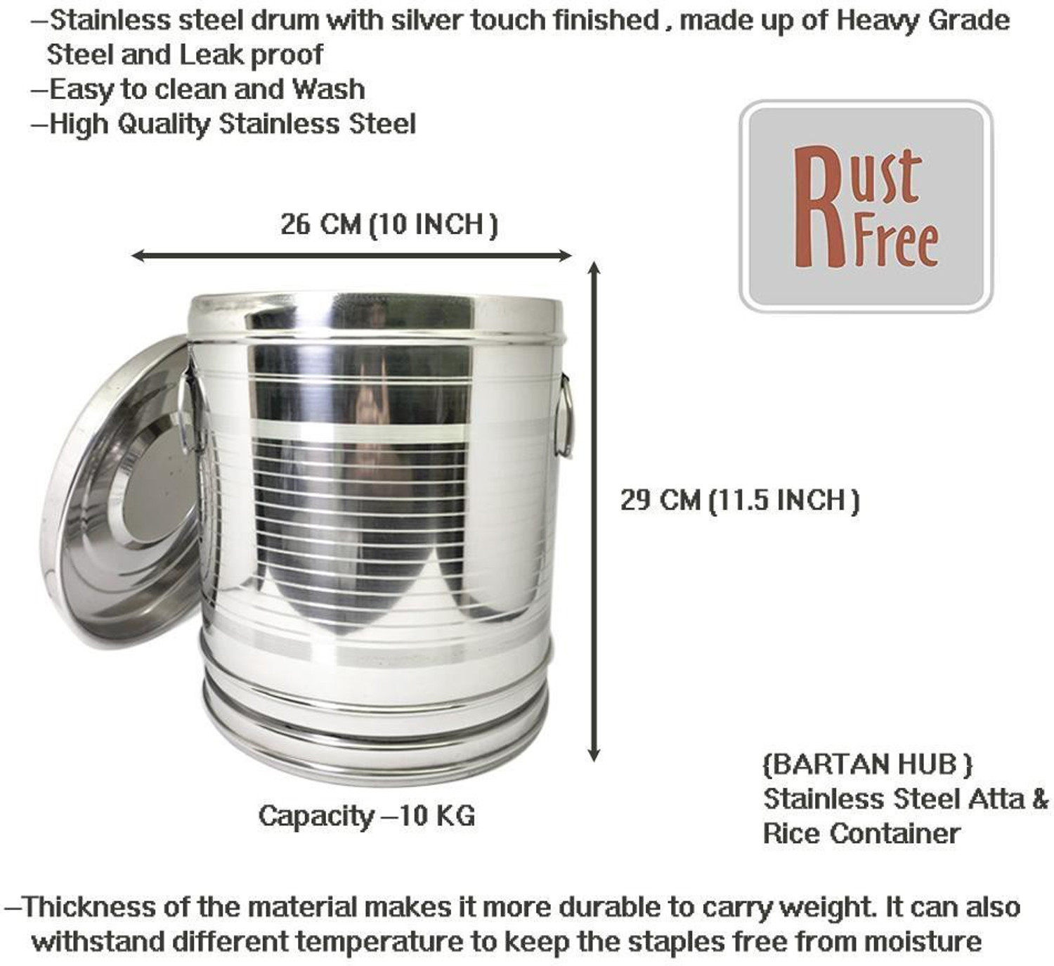 Image of bartan hub Steel Grocery Container - 10 L, 15 L (Pack of 2, Silver)