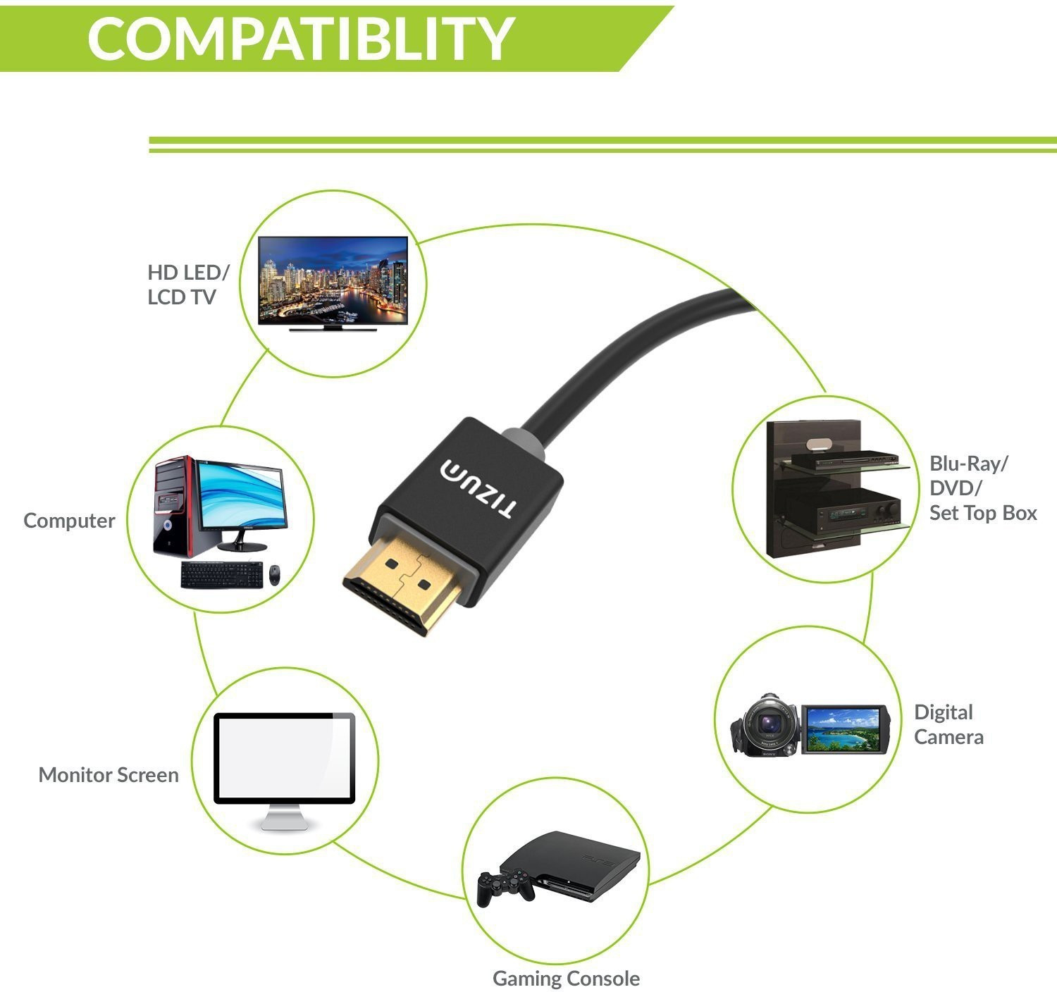 Image of Tizum HDMI Cable 1.5 m Copper Braiding, Metal Braided Ultra 2.0 Version - Gold Plated Supports High Speed Ethernet, 3D, 4K, (5 Feet / 1.5 Meters) (Compatible with Mobile, Laptop, Tablet, Mp3, Gaming Device, Grey, One Cable, NA)