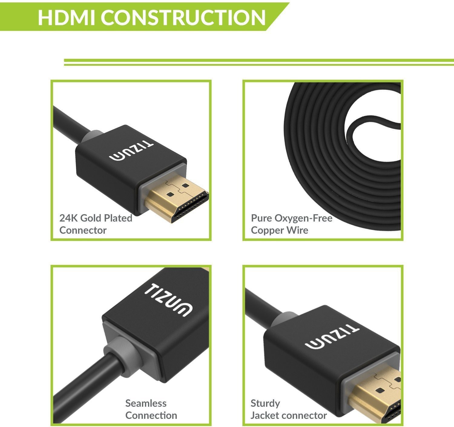 Image of Tizum HDMI Cable 1.5 m Copper Braiding, Metal Braided Ultra 2.0 Version - Gold Plated Supports High Speed Ethernet, 3D, 4K, (5 Feet / 1.5 Meters) (Compatible with Mobile, Laptop, Tablet, Mp3, Gaming Device, Grey, One Cable, NA)